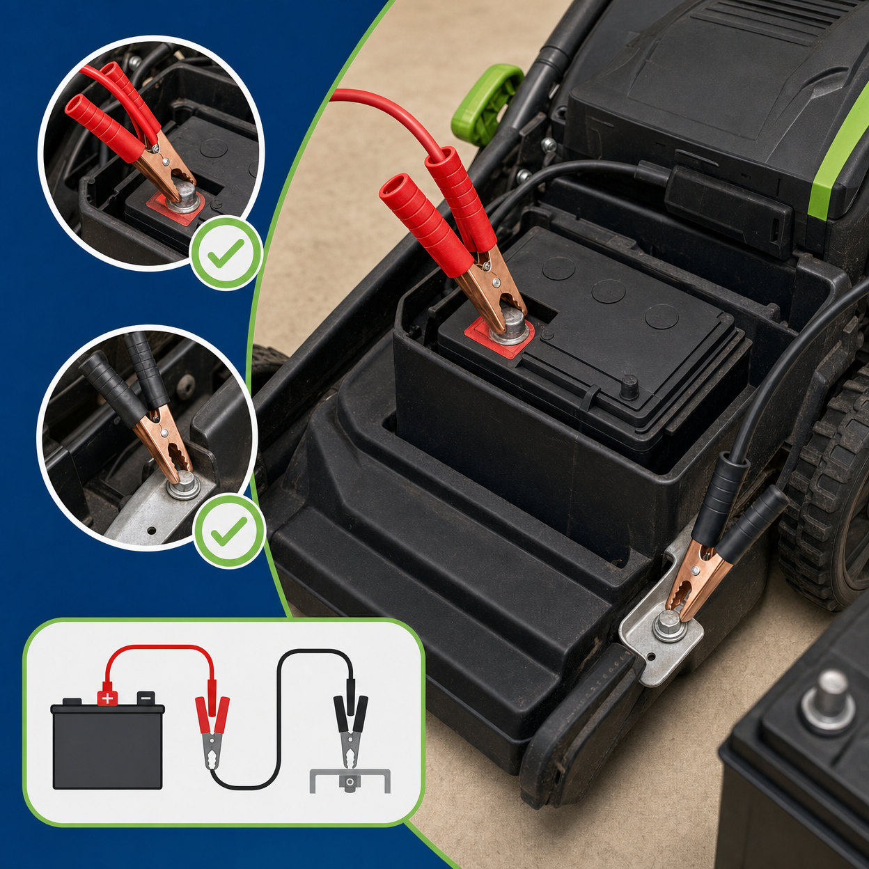 Close-up image showing safe jumper cable placement on a mower battery