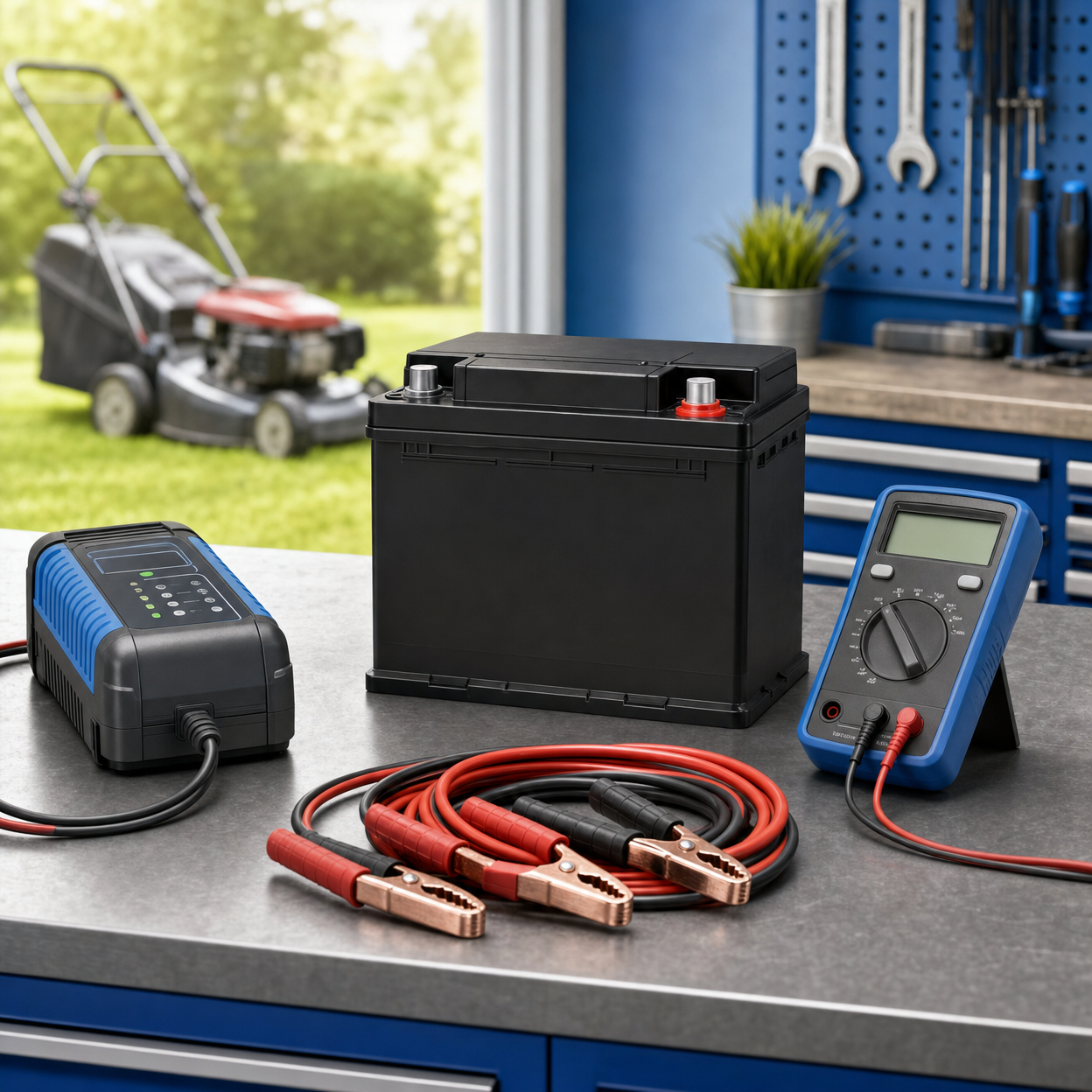 Maintenance image showing a mower battery with charger, multimeter, and jumper cables
