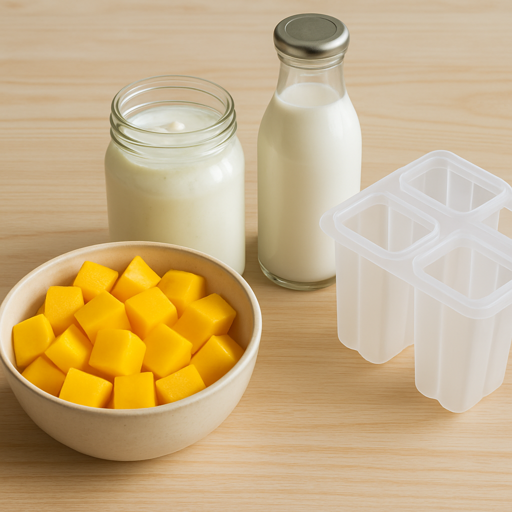 Ingredientes para picolé de manga para cachorro: manga, leite de coco e iogurte natural