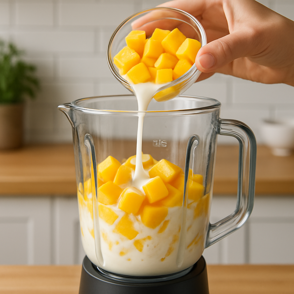 Bater polpa de manga e leite de coco para preparar picolé para cachorro