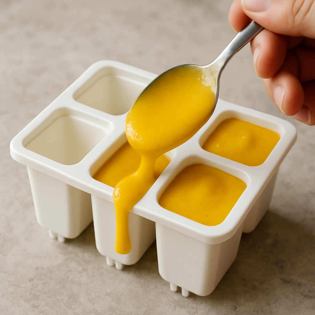 Despejando mistura de manga em moldes para congelar