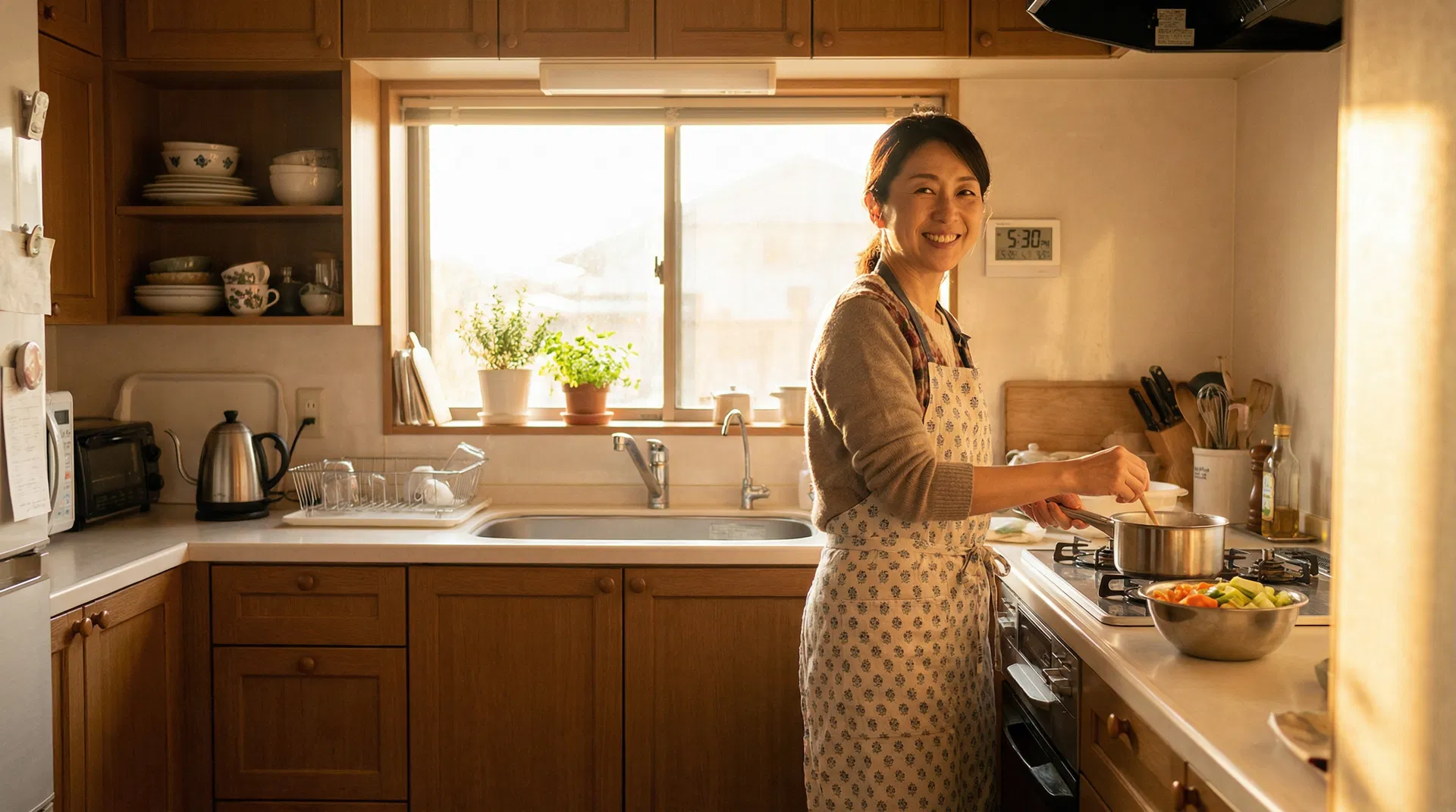 夕飯の準備をする笑顔のお母さん