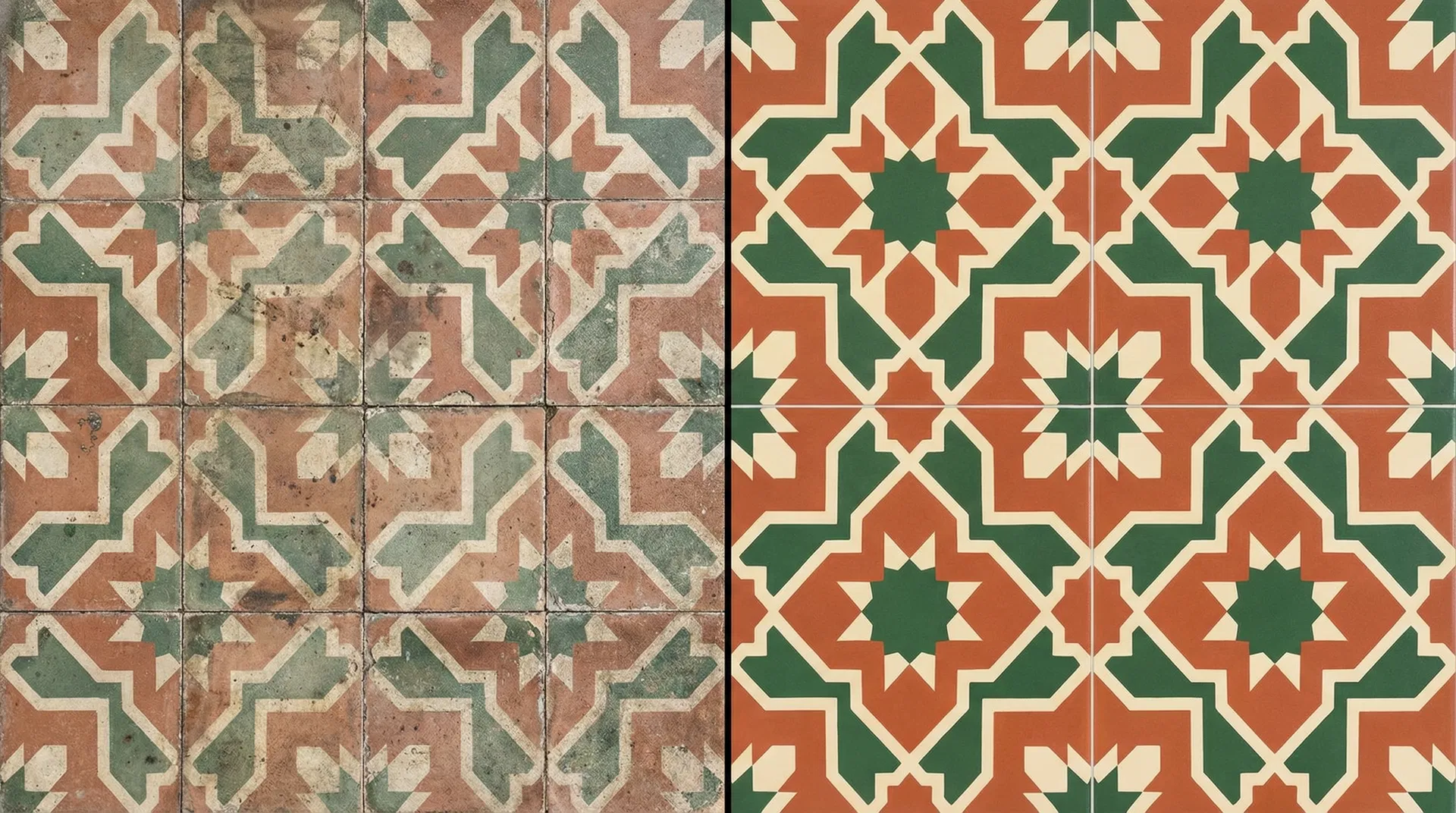 Vorher/Nachher Zementfliesen Reinigung – Konzeptdarstellung