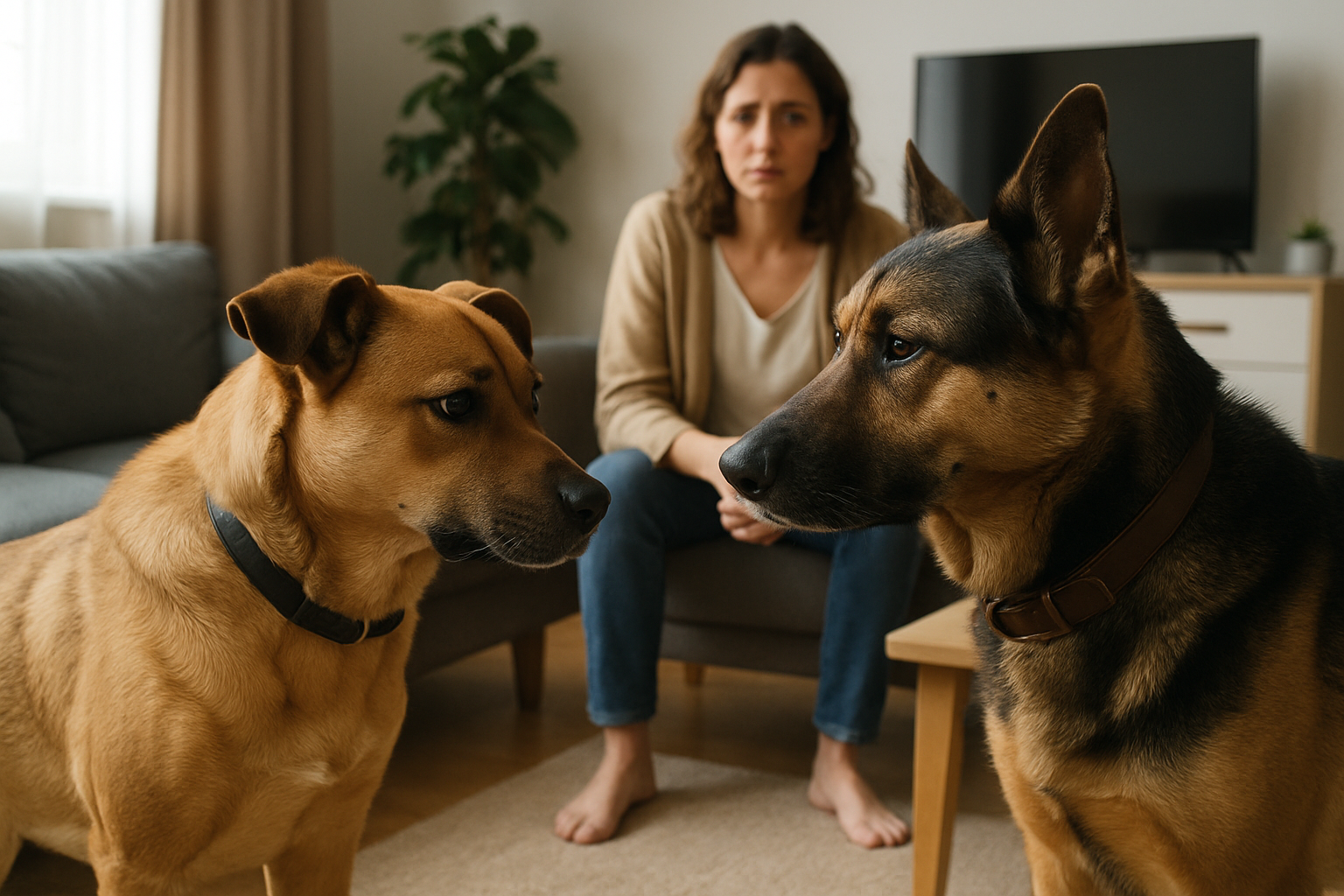 Cães Brigando em Casa? Entenda as Causas e Aprenda a Solucionar o Conflito 1 Dois cães se encarando em um ambiente doméstico, com um tutor preocupado ao fundo