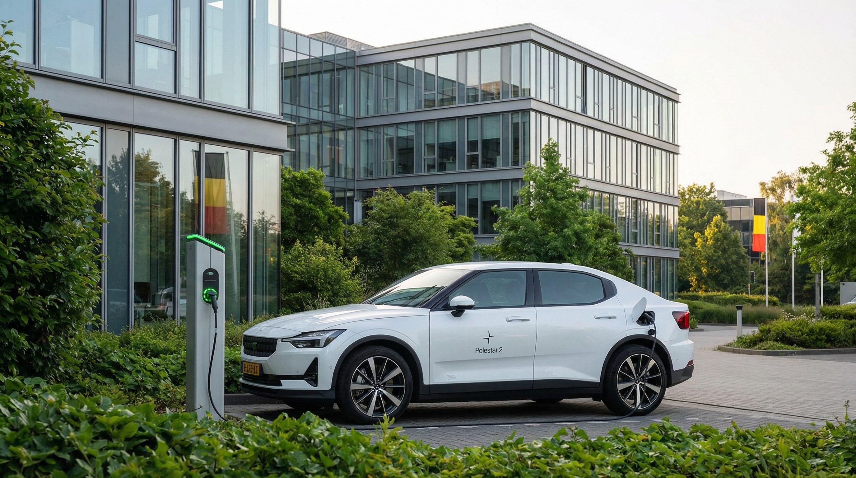 Illustration principale : Voiture électrique devant un bâtiment d'entreprise en Wallonie