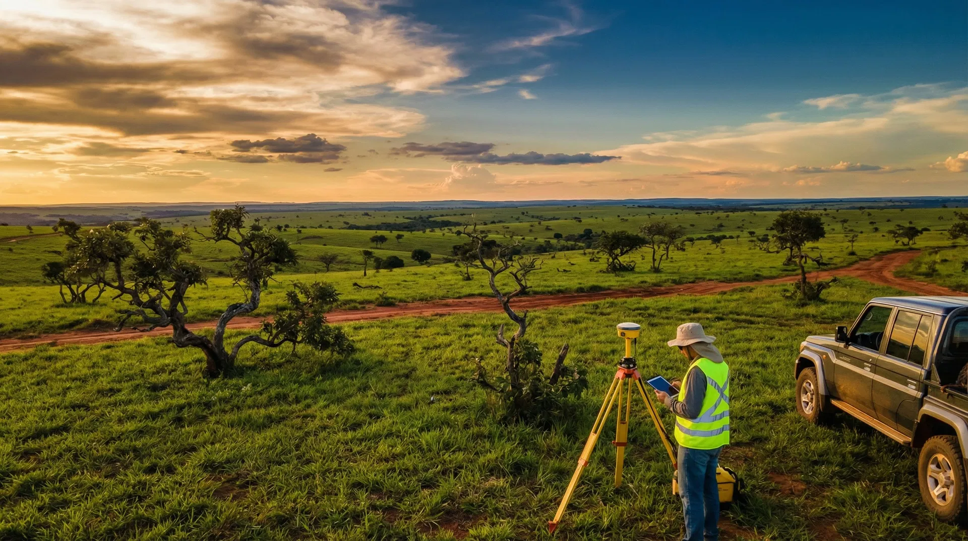 Equipe de topografia e agrimensura realizando georreferenciamento de imóvel rural no cerrado tocantinense
