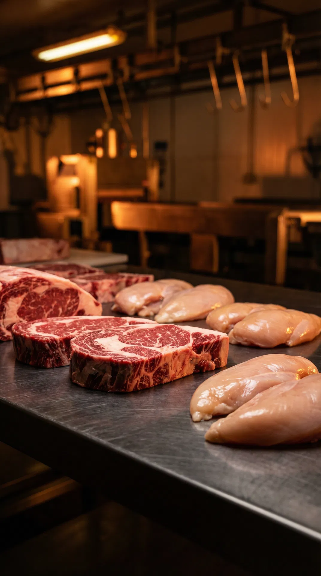 Premium meat cuts in processing facility