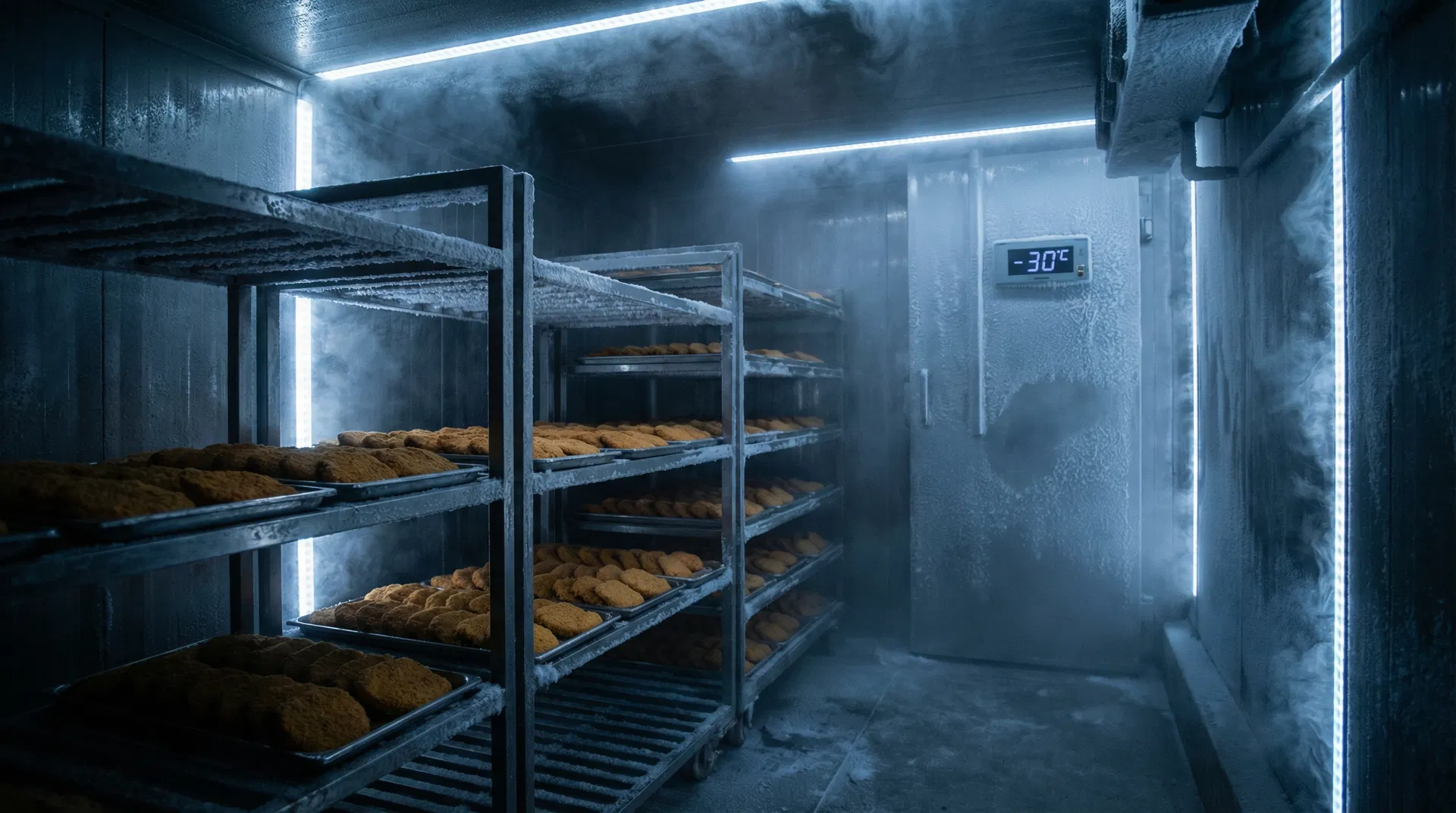 Commercial blast freezer interior with frozen products