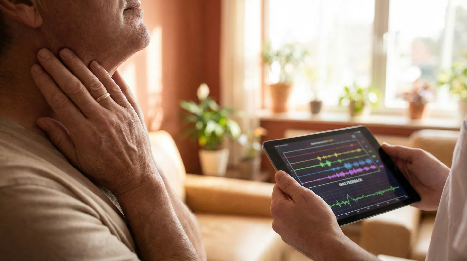 Patient practicing speech therapy with real-time EMG feedback