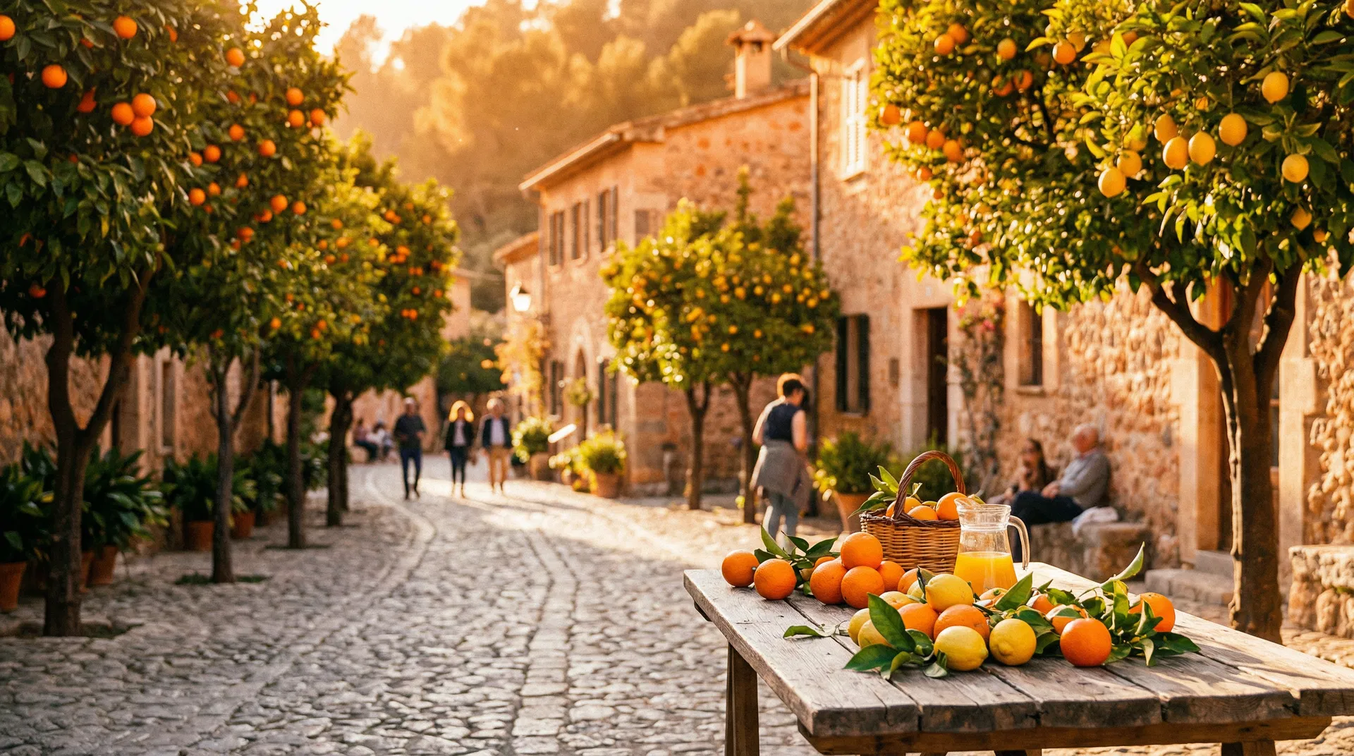 A sun-drenched Spanish village with orange trees lining cobblestone streets