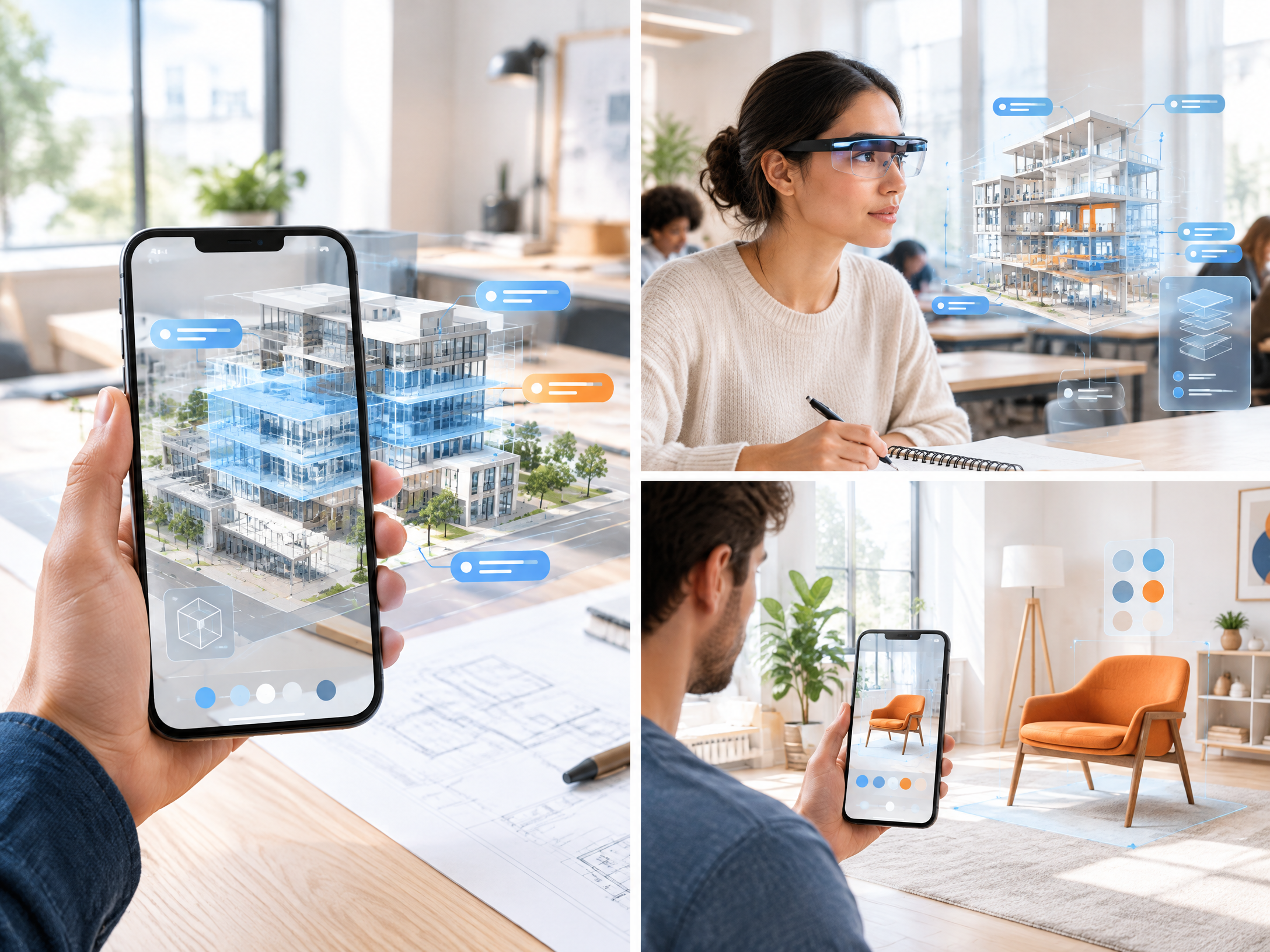 Augmented reality applications showing education, retail, design, and navigation