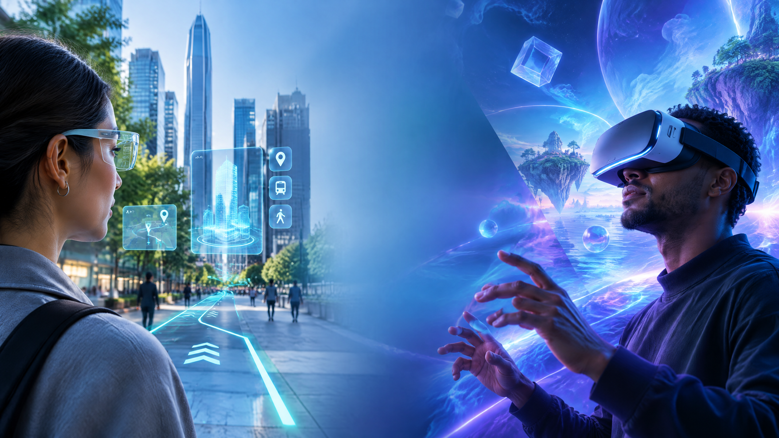 Augmented reality and virtual reality concept showing the real and digital worlds
