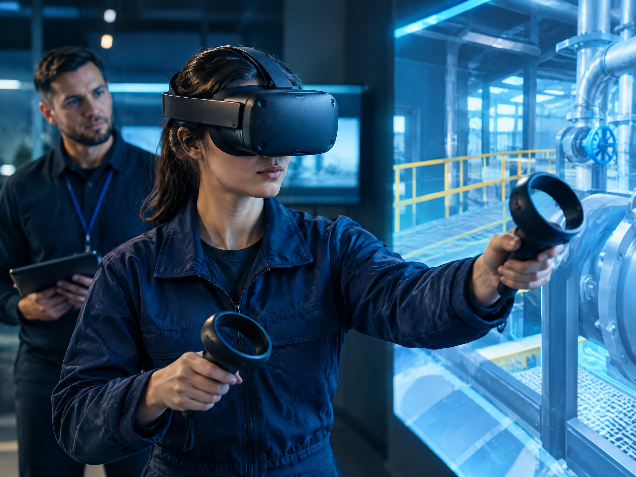Virtual reality training simulation with a trainee, headset, controllers, and instructor