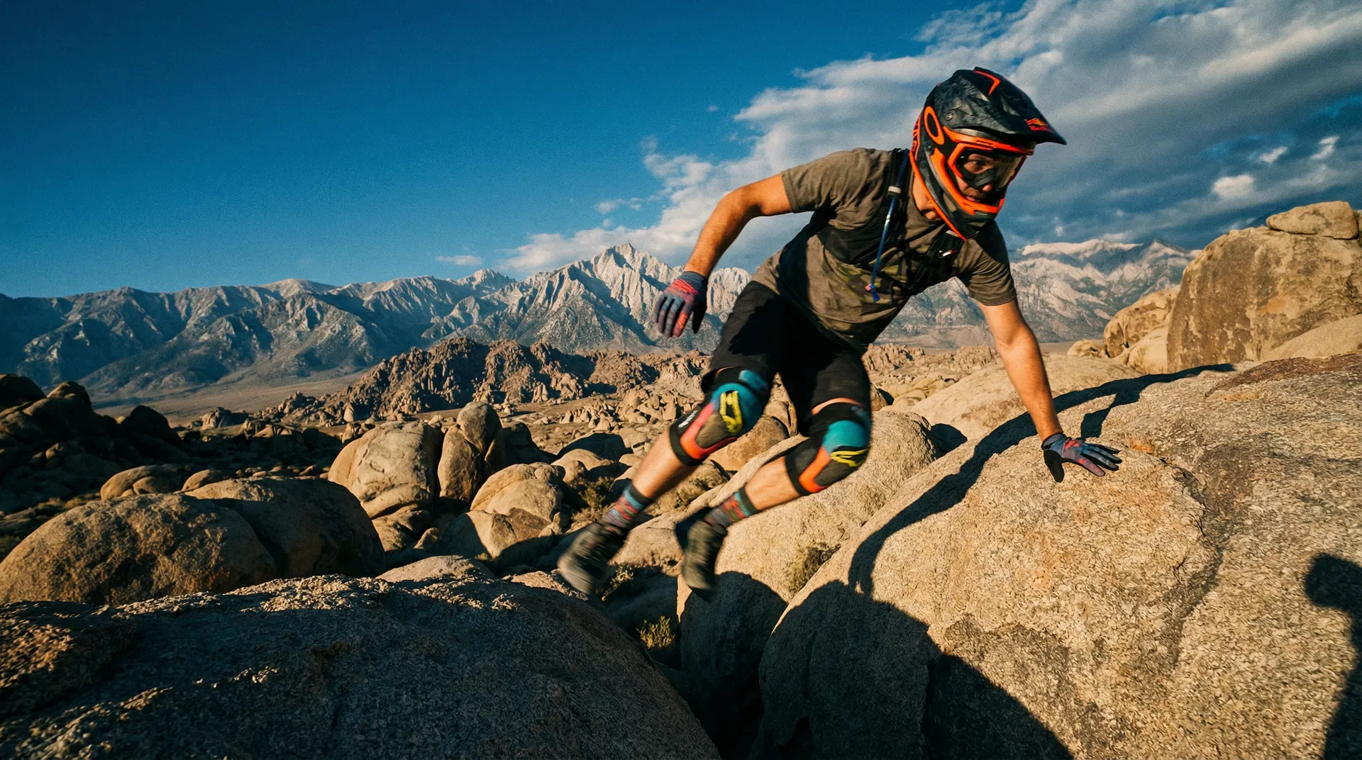 Rally Scrambler navigating a boulder field at golden hour