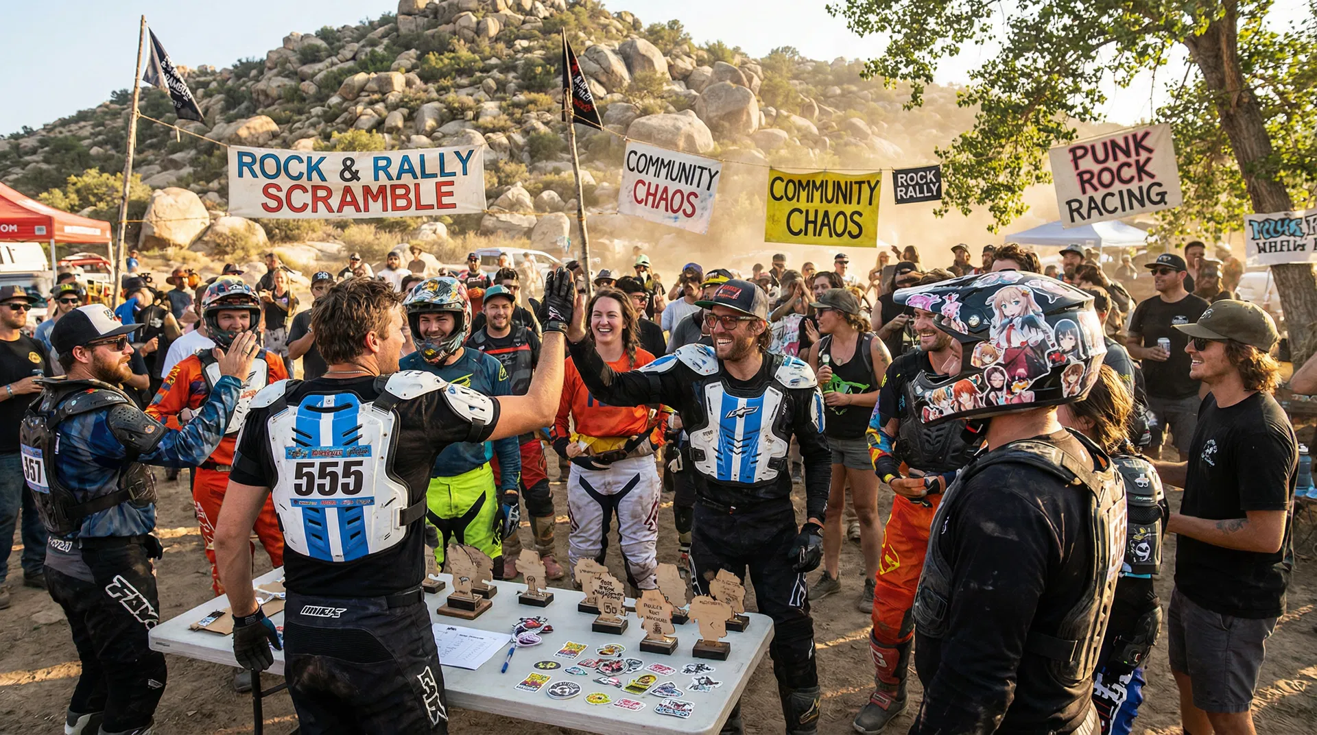 Rally Scrambling community event with athletes celebrating