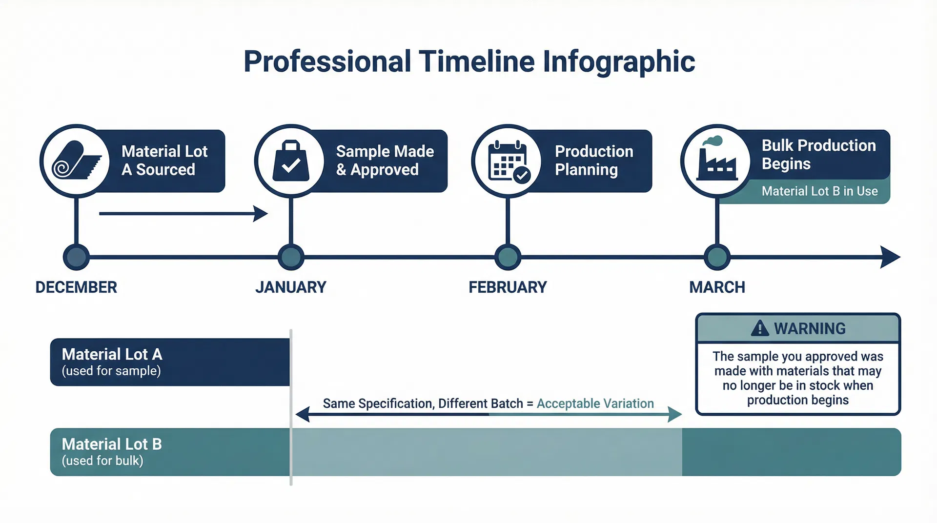 Production timeline showing how material lot changes between sample approval and bulk production can introduce variations within specification