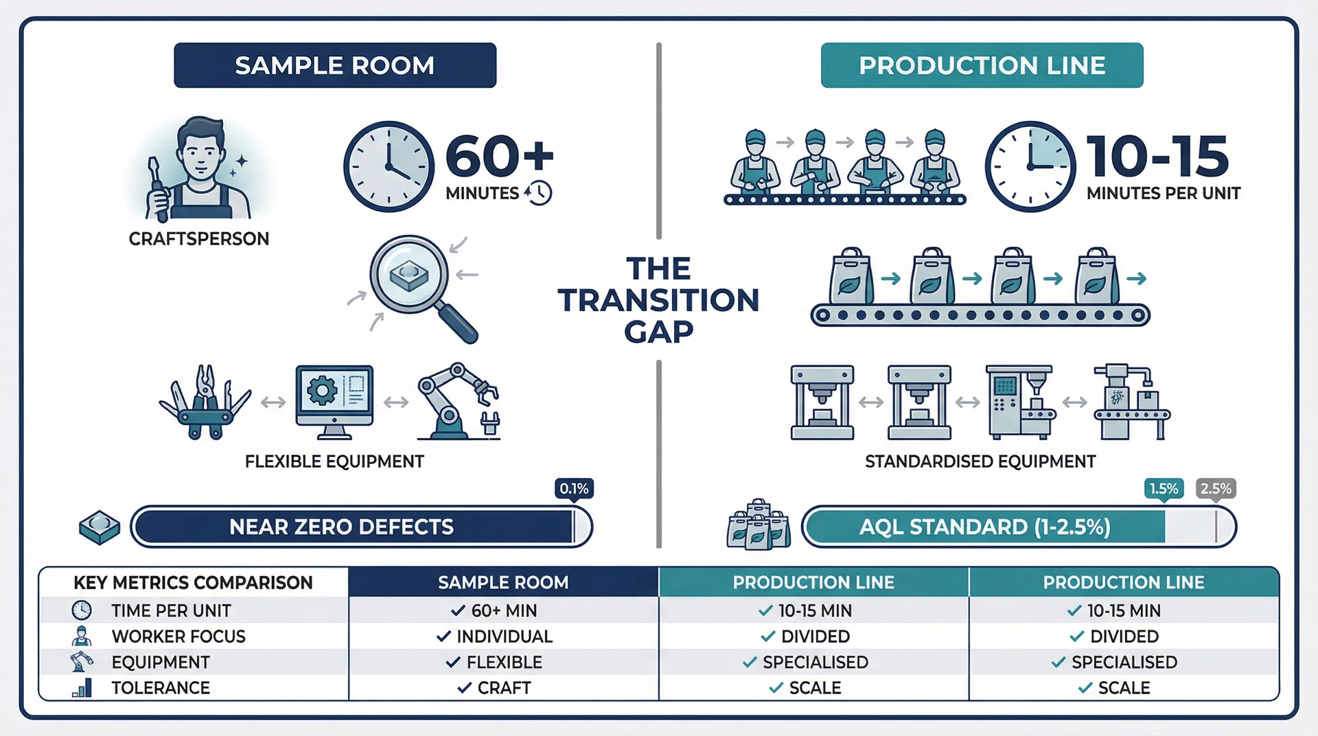 Comparison of sample room environment versus production line environment showing differences in time per unit, worker specialisation, and quality tolerance