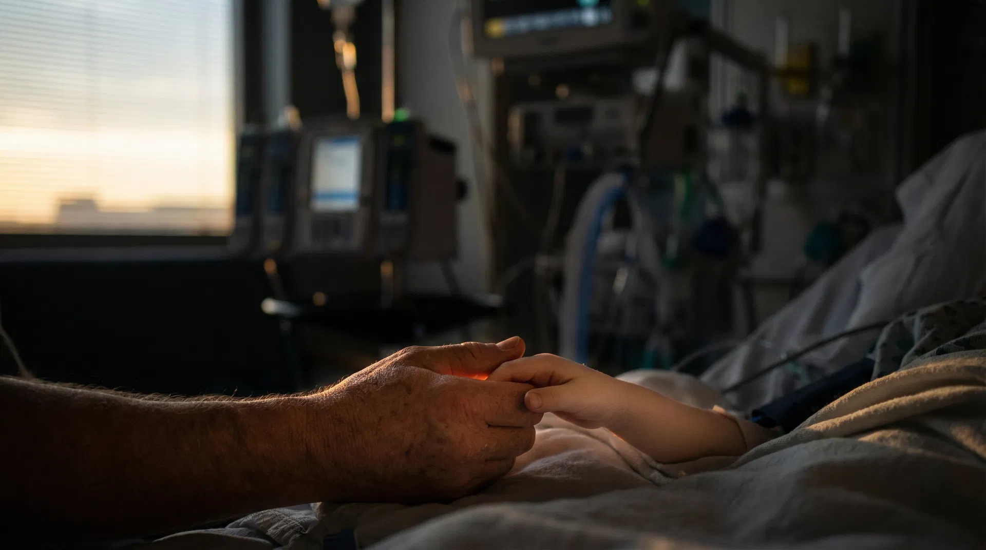 Mani che si stringono in una stanza d'ospedale