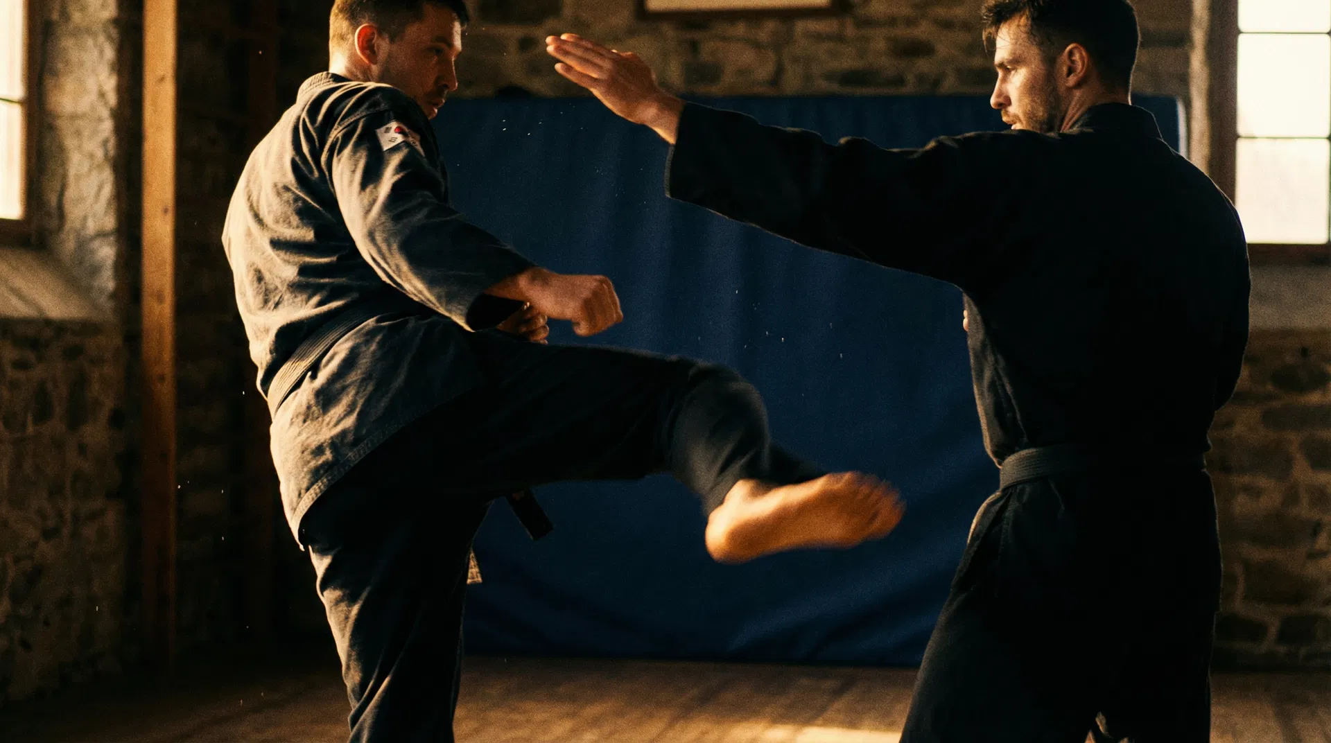 Taekkyeon martial arts sparring with golden lighting