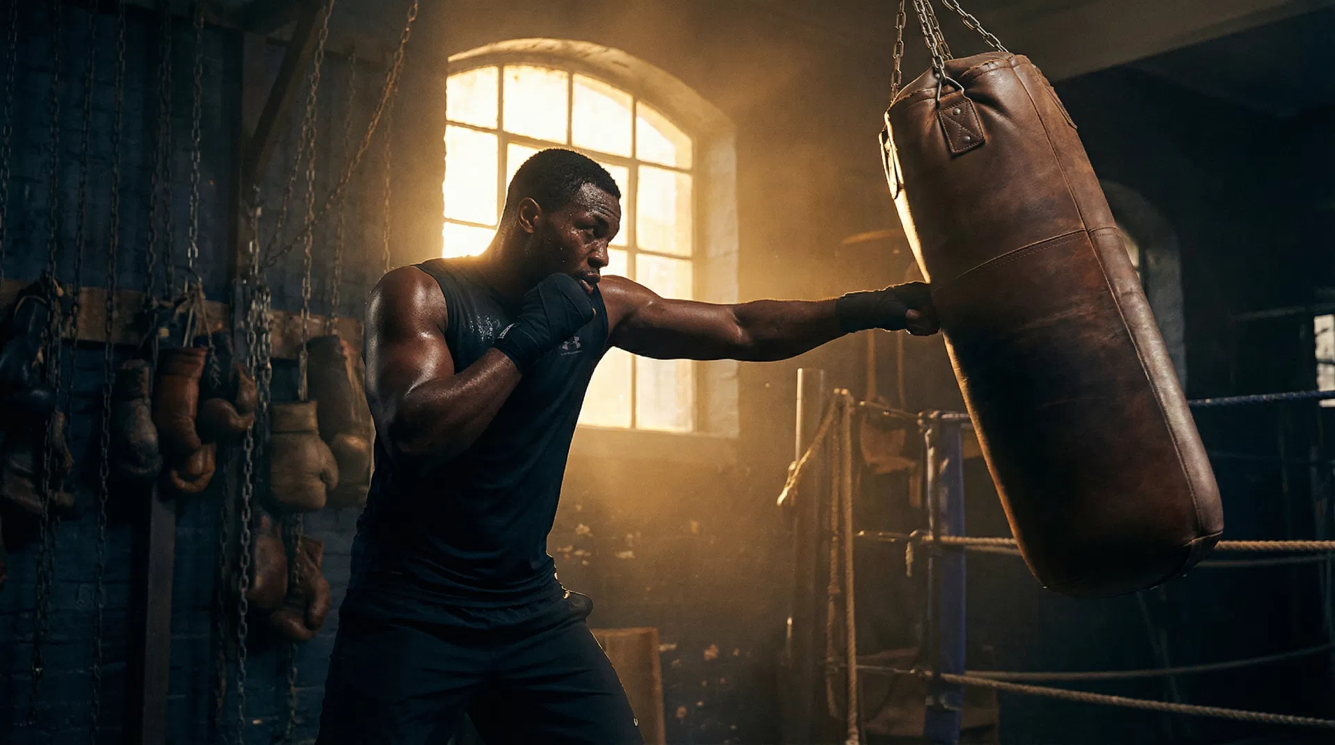 Boxing training with dramatic golden lighting