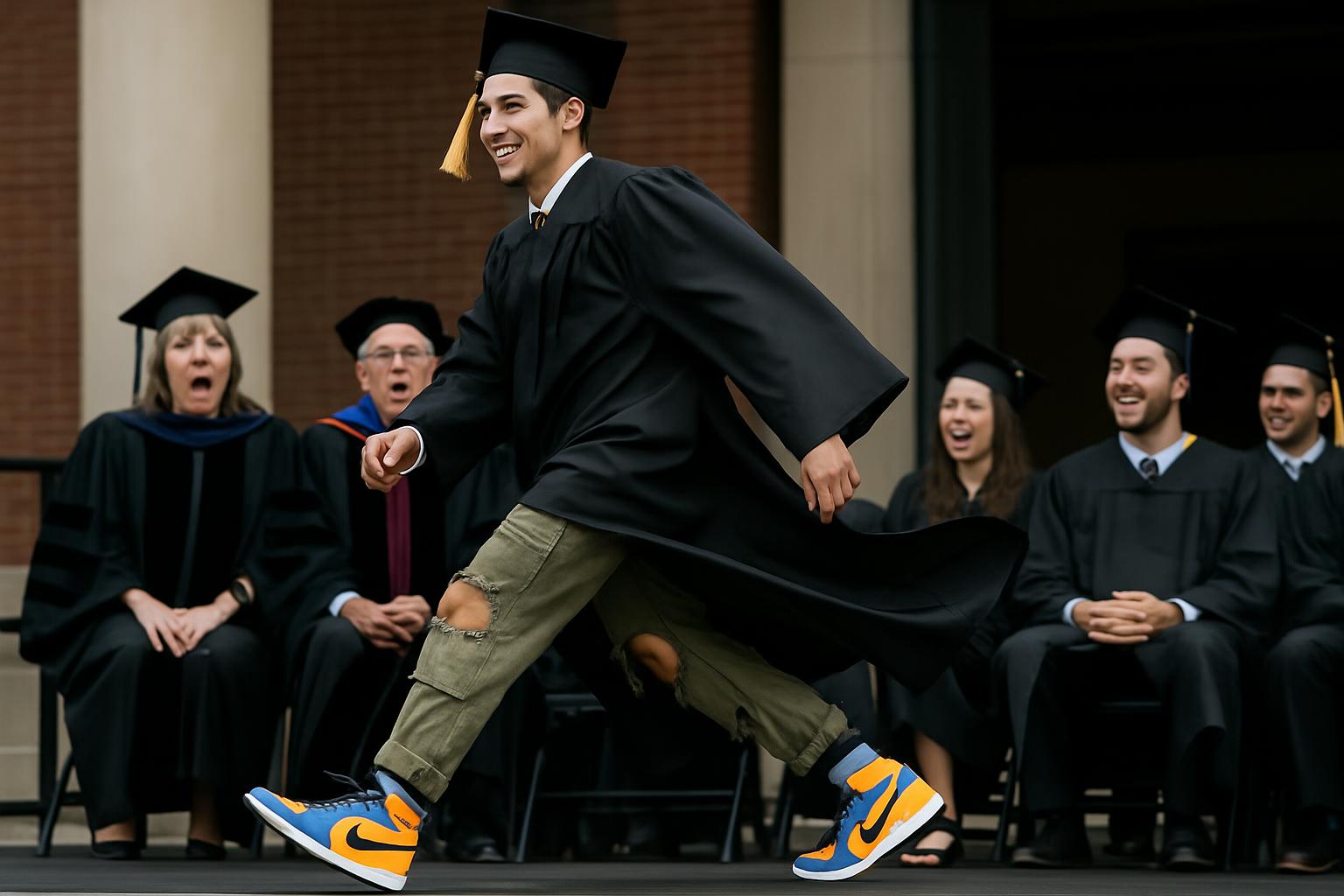 Graduate walking across stage in cargo pants and Jordan 1s