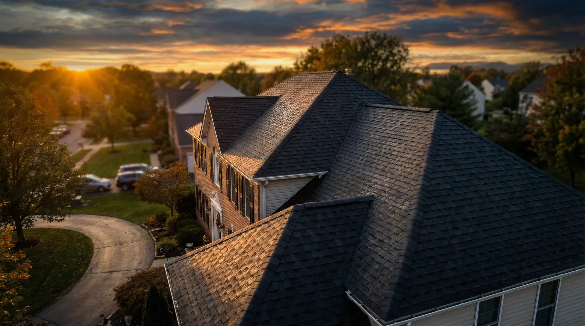 Aerial view of a beautiful residential roof