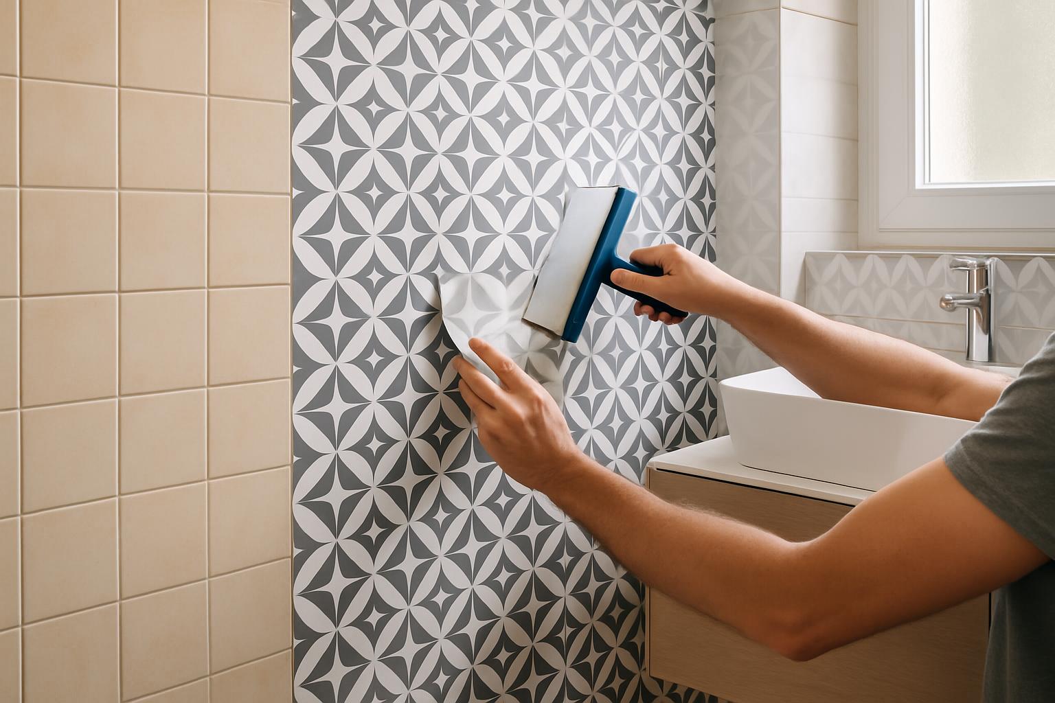 Aplicação de adesivo vinílico com padrão geométrico em azulejos antigos