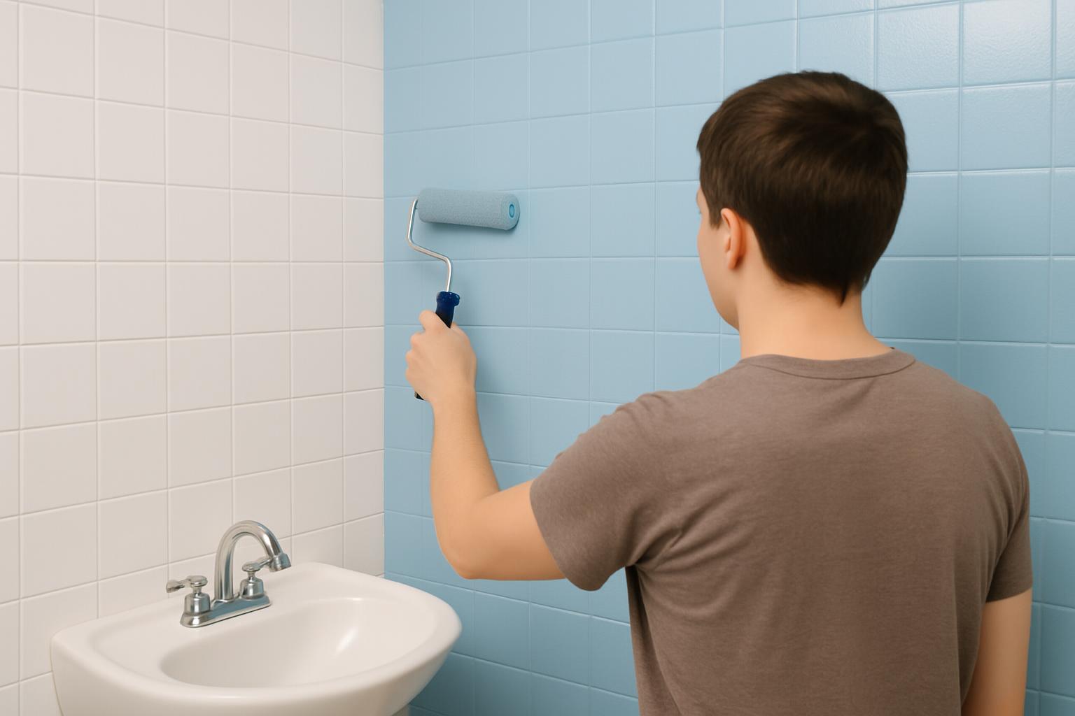 Pessoa aplicando tinta epóxi azul claro em azulejos de banheiro