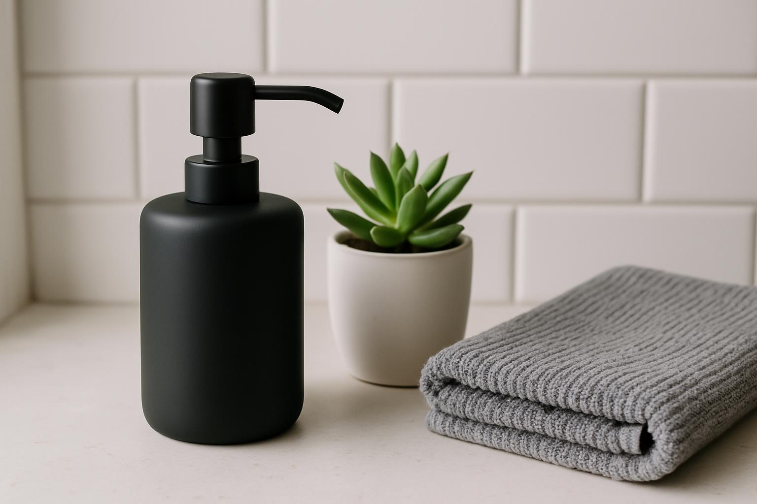 Bancada de banheiro com acessórios modernos e baratos: dispensador preto fosco, planta e toalha cinza