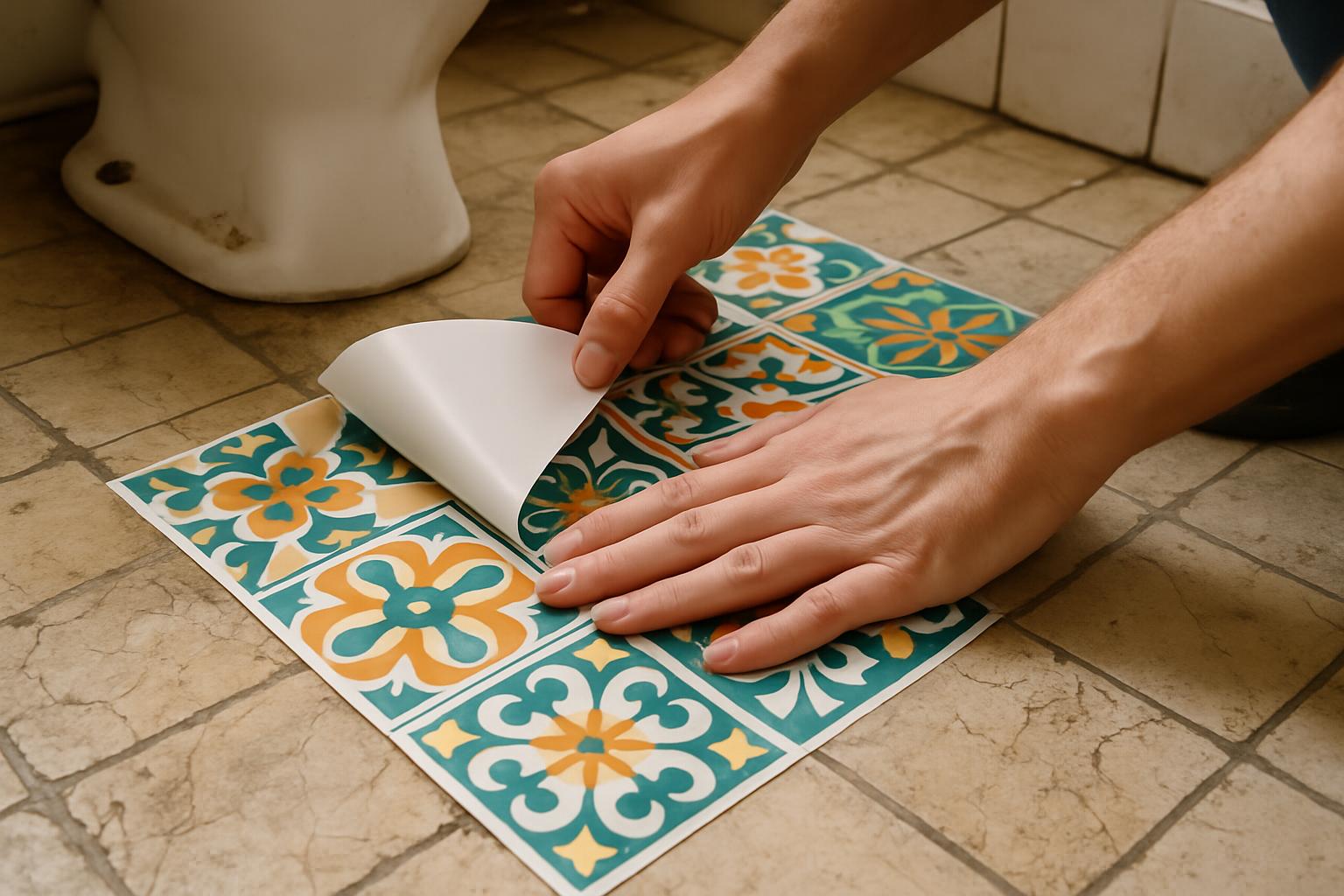 Aplicação de adesivo vinílico imitando ladrilho hidráulico no piso do banheiro