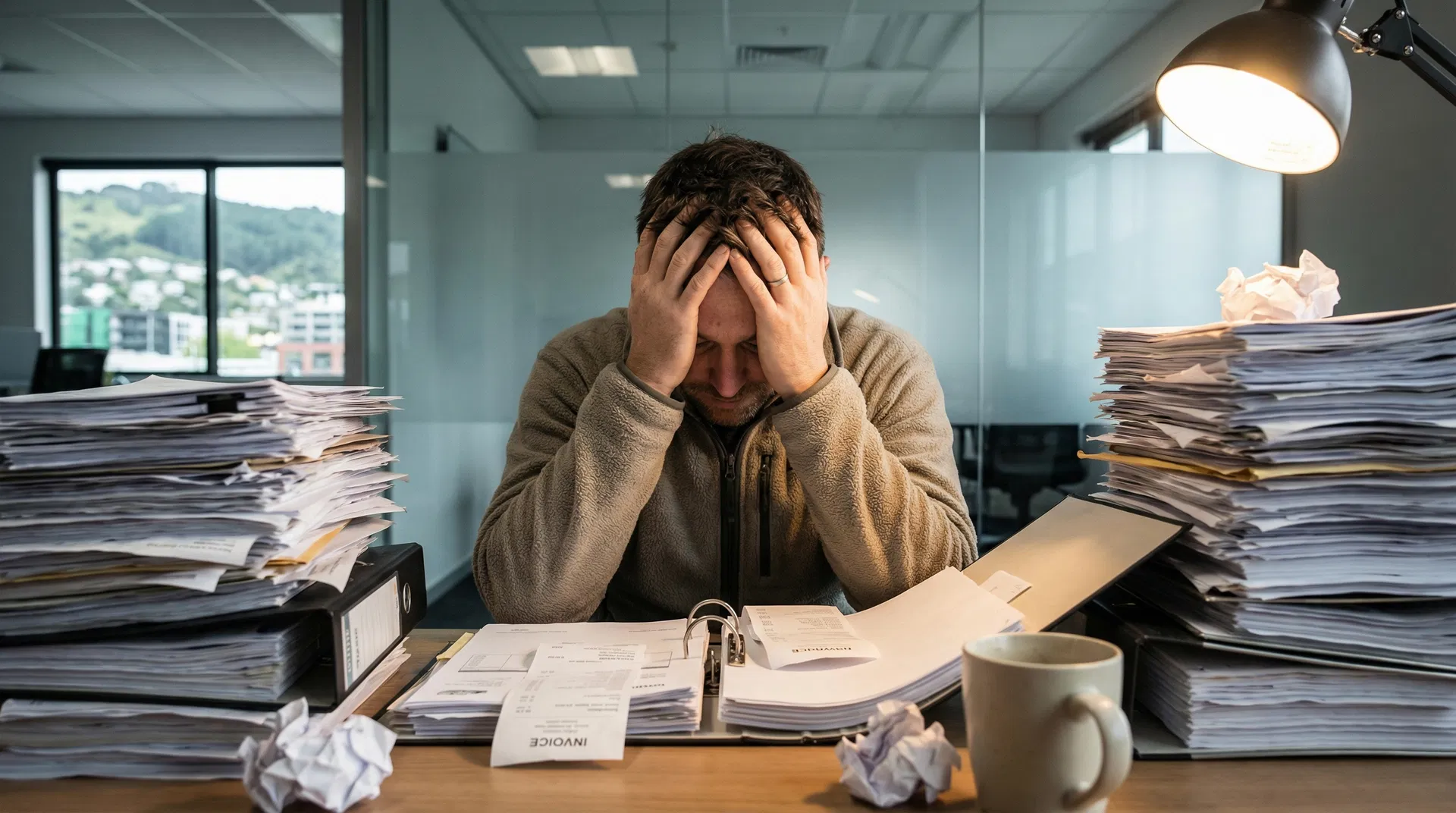Business owner overwhelmed by paperwork