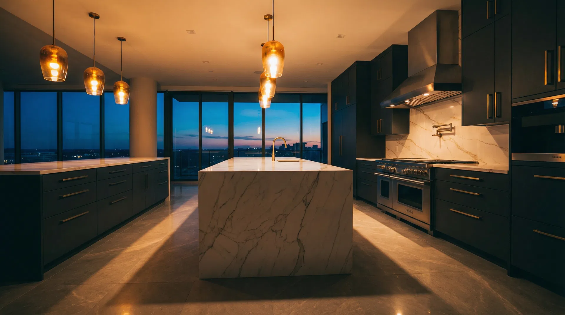 Luxury modern kitchen with marble island and gold pendant lights