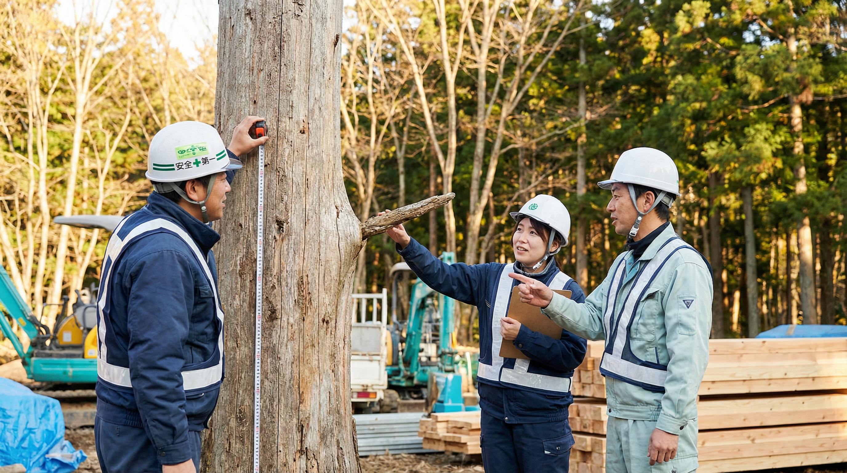 現場で伐採木を前に、専門家たちが協議している様子