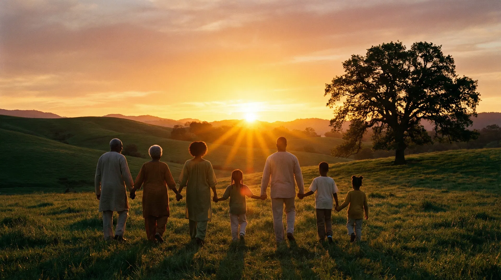 Multigenerational family silhouette at golden hour representing generational legacy