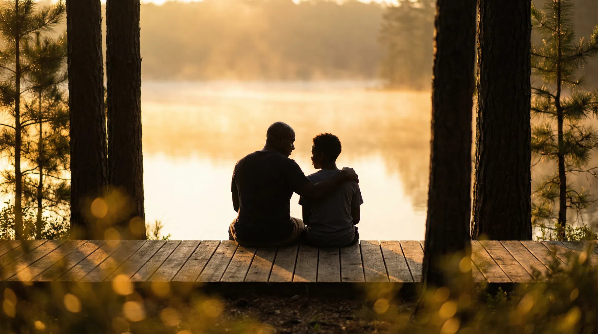Father and son sitting together by a quiet lake at sunrise
