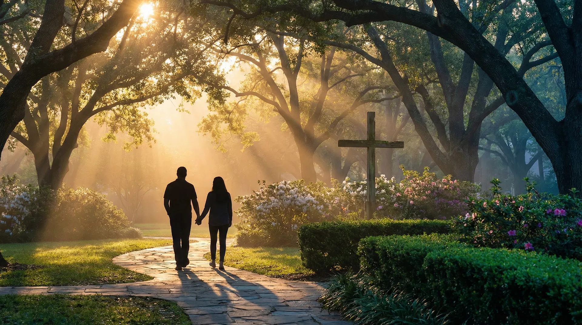 Couple walking together through a prayer garden at dawn