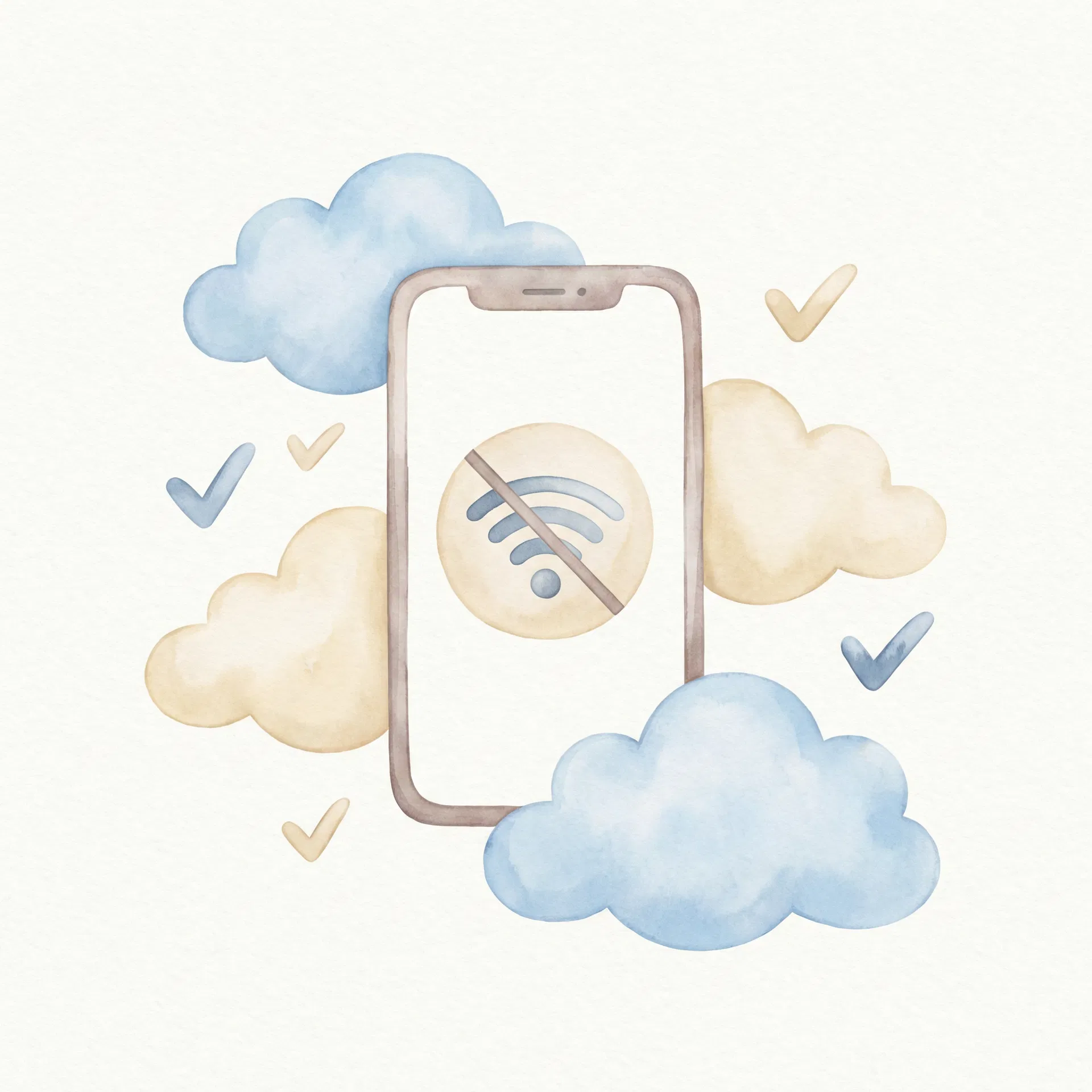 Watercolor illustration of a phone working offline with floating clouds