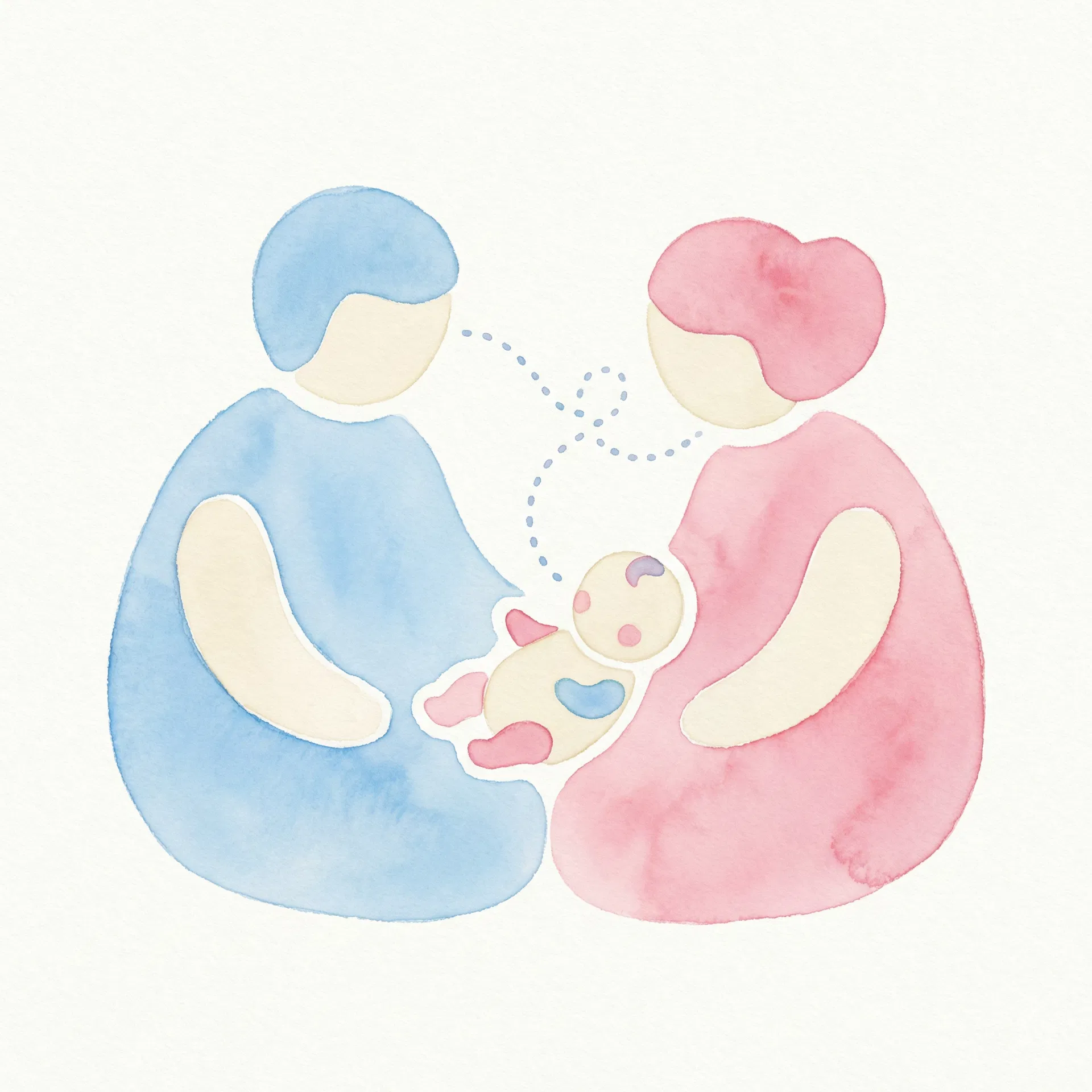 Watercolor illustration of two parents caring for a baby together