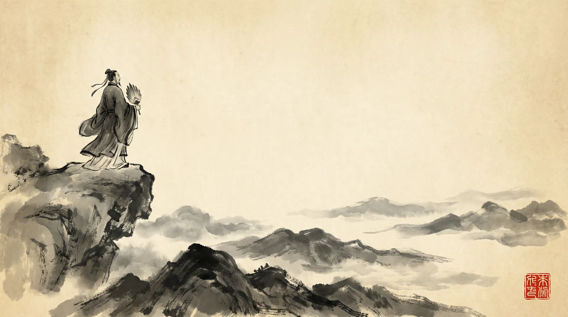Zhuge Liang overlooking misty mountains