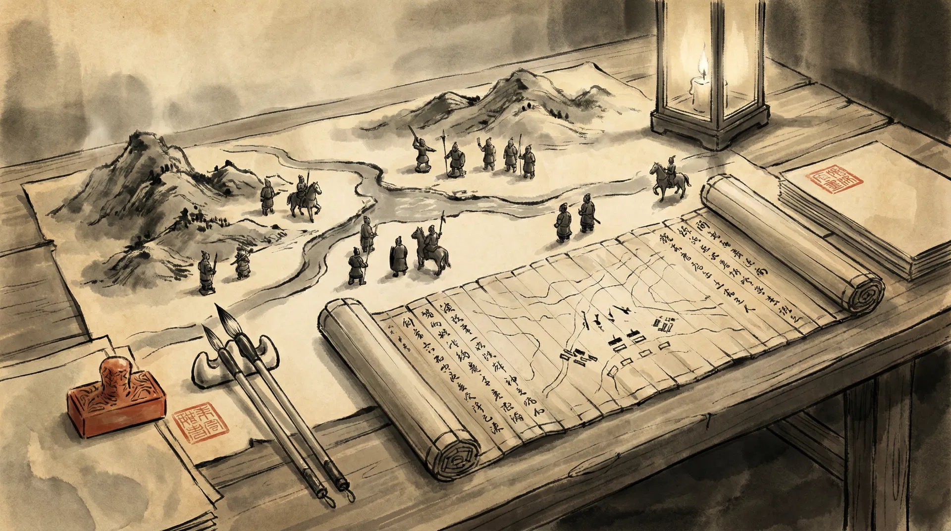 Ink wash painting of an ancient Chinese battlefield with strategic formations