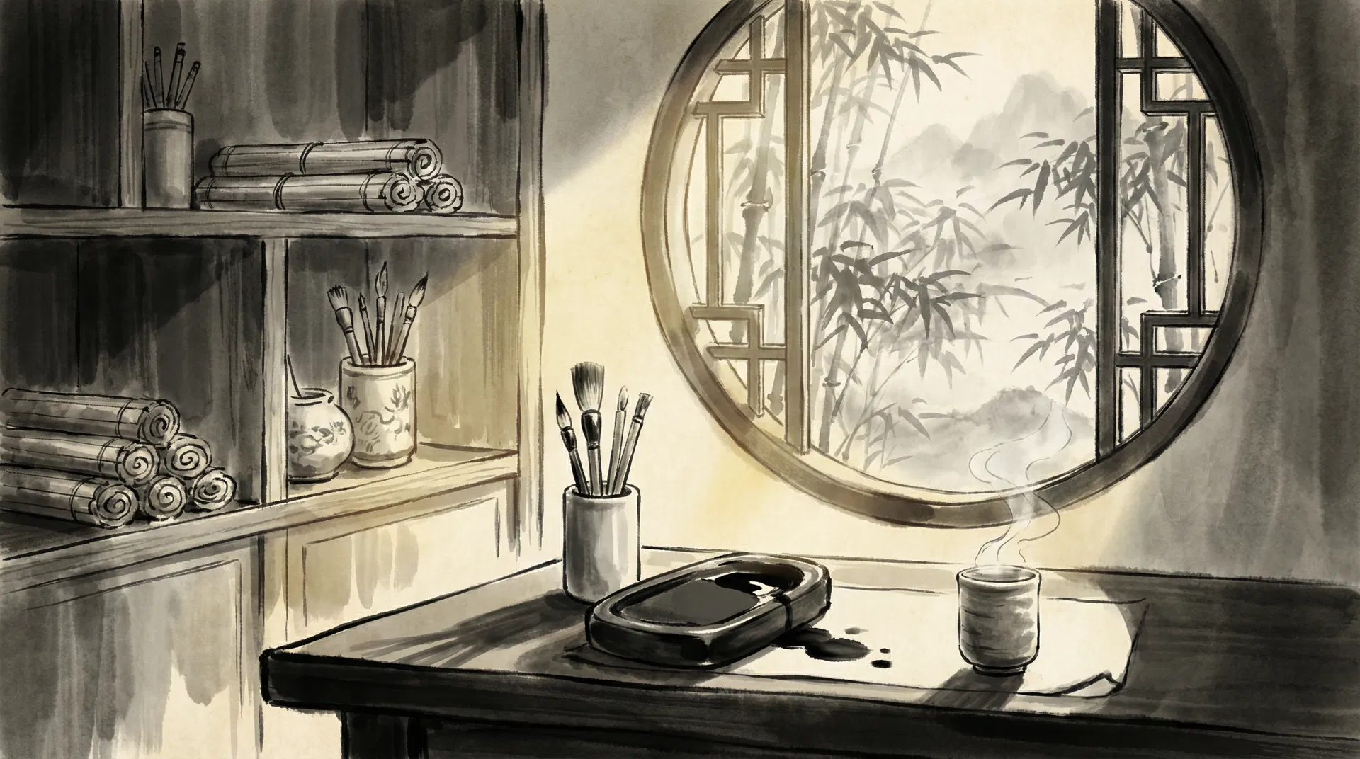 Chinese ink wash painting of ancient scrolls and philosophical texts on a scholar's desk