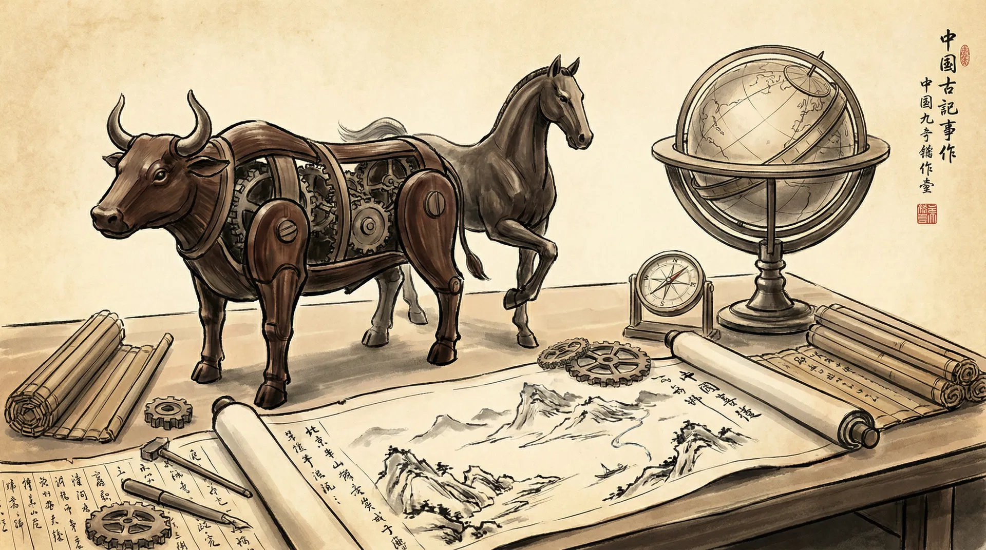 Ink wash painting of an inventor's workshop with maps, star charts, and mechanical devices