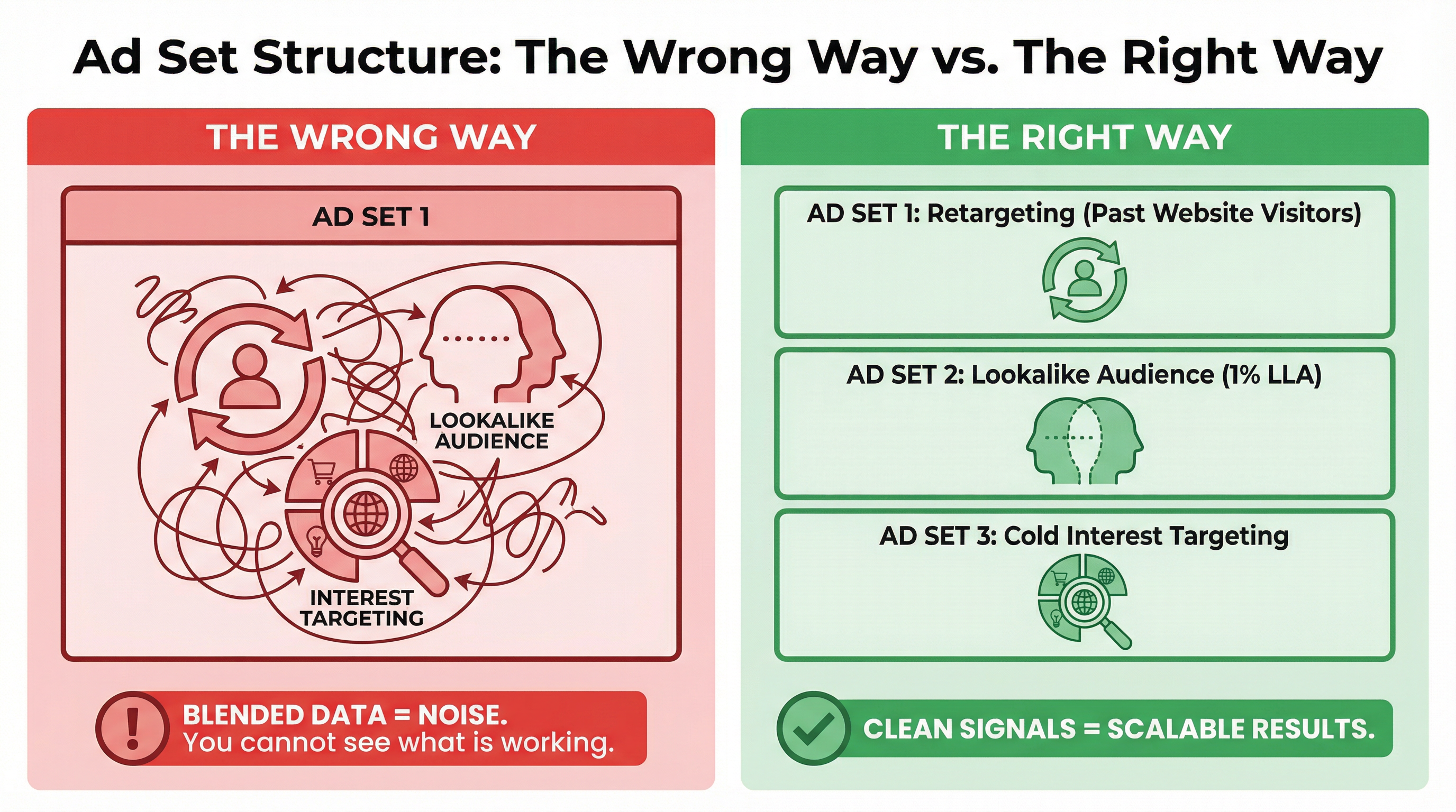 Ad Set Structure: The Wrong Way vs. The Right Way — Audience Stacking vs. Separation