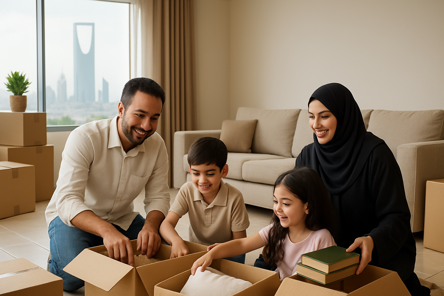 A modern family (father, mother, and two children) happily unpacking boxes in a bright, spacious living room of a new home in Riyadh, with a subtle hint of Riyadh's skyline visible through a large window. The style should be warm, inviting, and photorealistic.