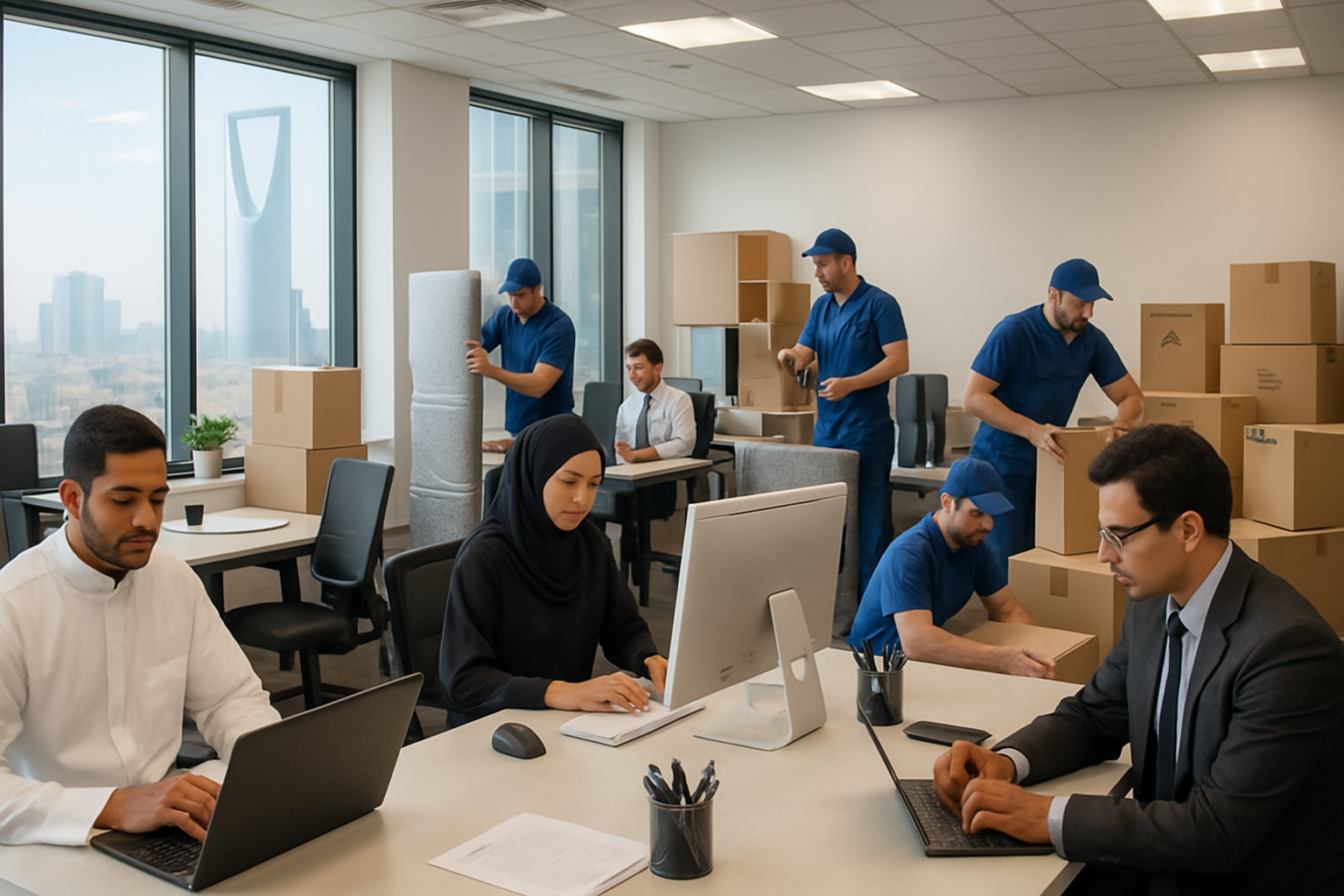 A bustling modern office space in Riyadh with employees working, and in the background, a professional moving team is carefully disassembling office furniture and packing equipment. The image should convey minimal disruption to ongoing work, with a focus on efficiency and professionalism. The style should be corporate and realistic.