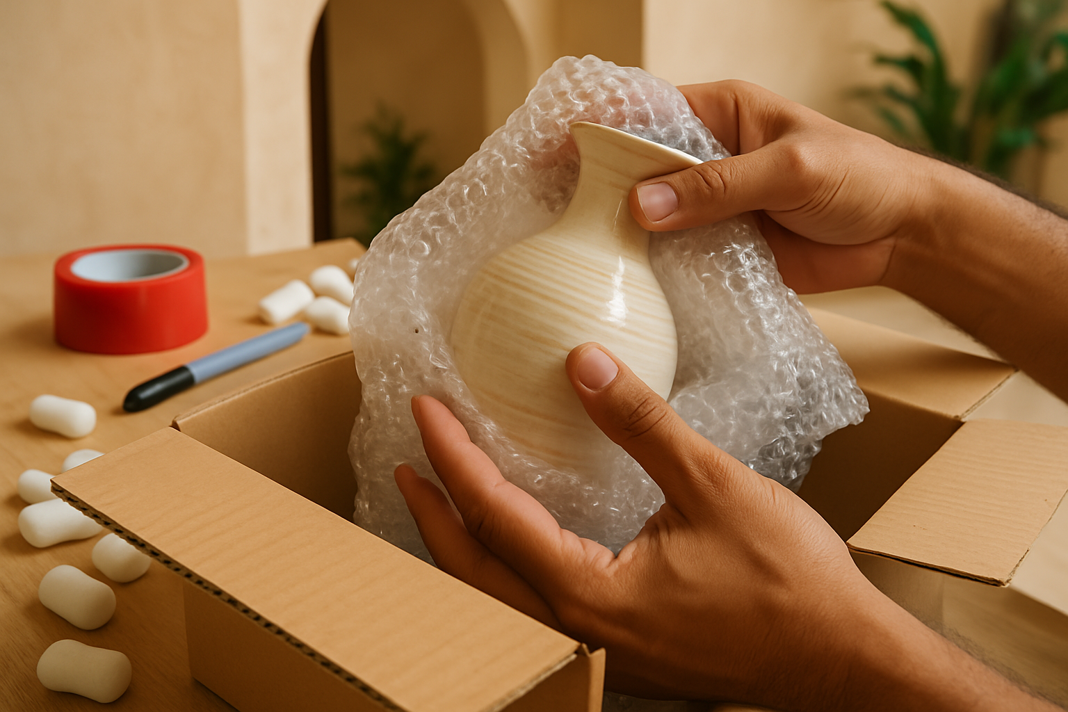 Close-up shot of hands carefully wrapping a delicate ceramic vase with bubble wrap and placing it into a moving box, with other packing materials (tape, markers, packing peanuts) visible in the background. The setting should be a home in Riyadh, emphasizing careful packing. The style should be realistic and detailed.