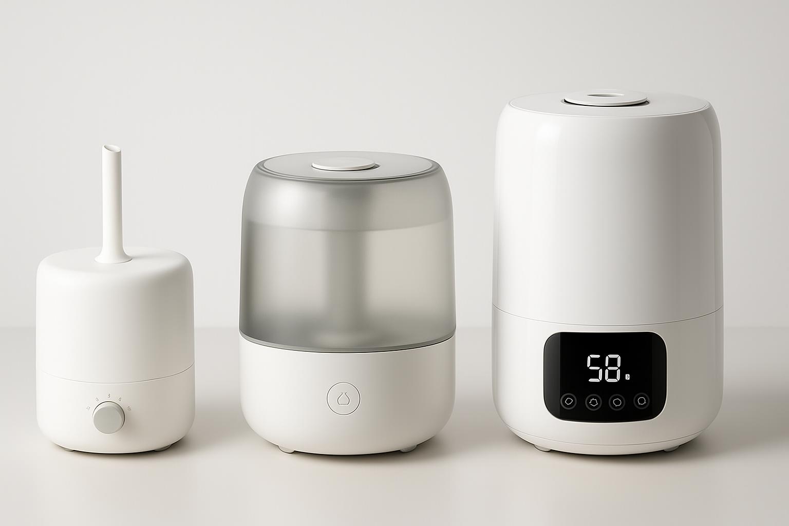 Different tiers of humidifier products made in Dongguan, showing entry-level, mid-range, and premium models