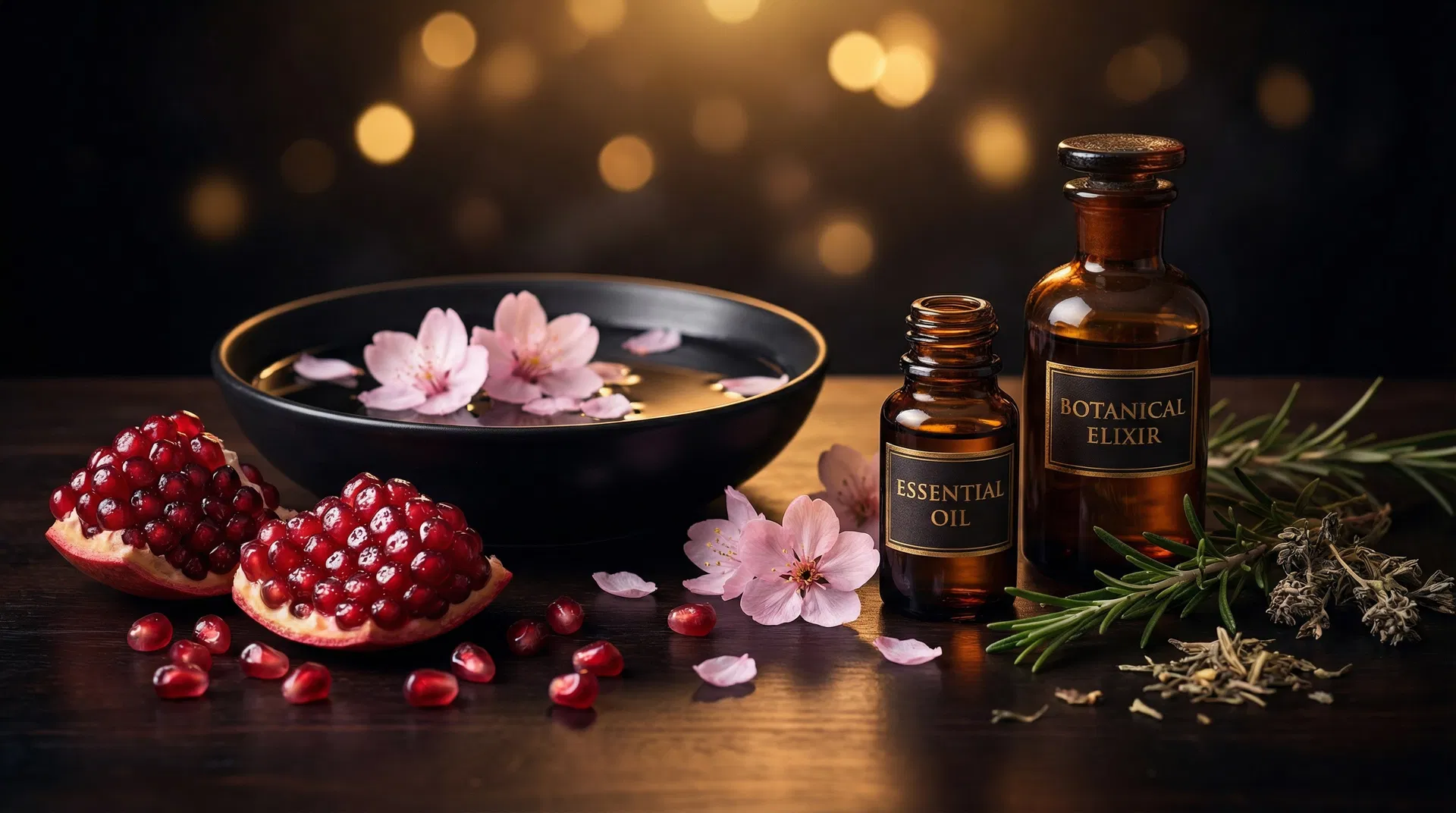 Dunkle Aromatherapie-Szene mit ätherischen Ölen und warmem Licht