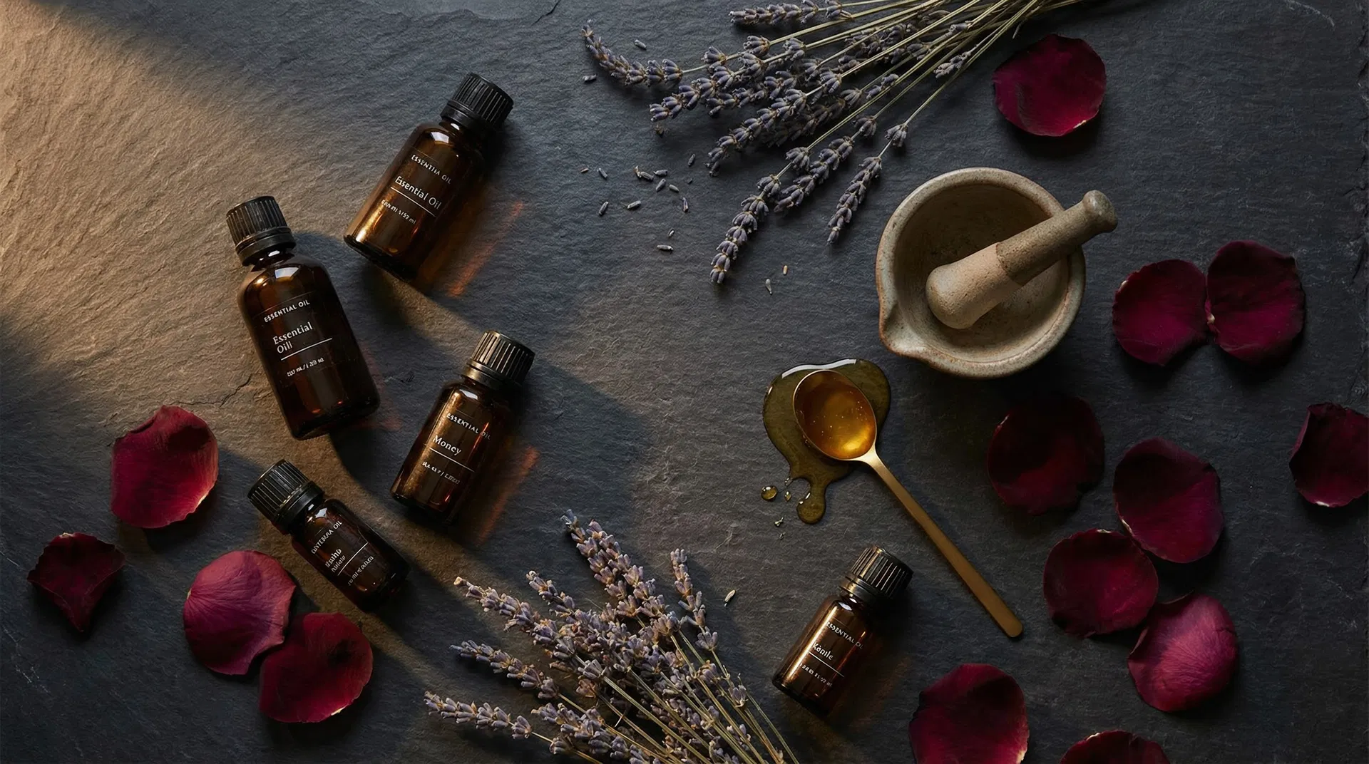 Ätherische Öle, Lavendel und Rosenblätter auf dunklem Schiefer – Aromatherapie-Szene