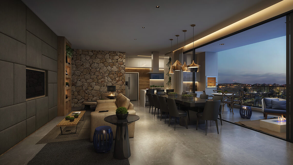 Sala de estar com decoração sofisticada e vista para a cidade